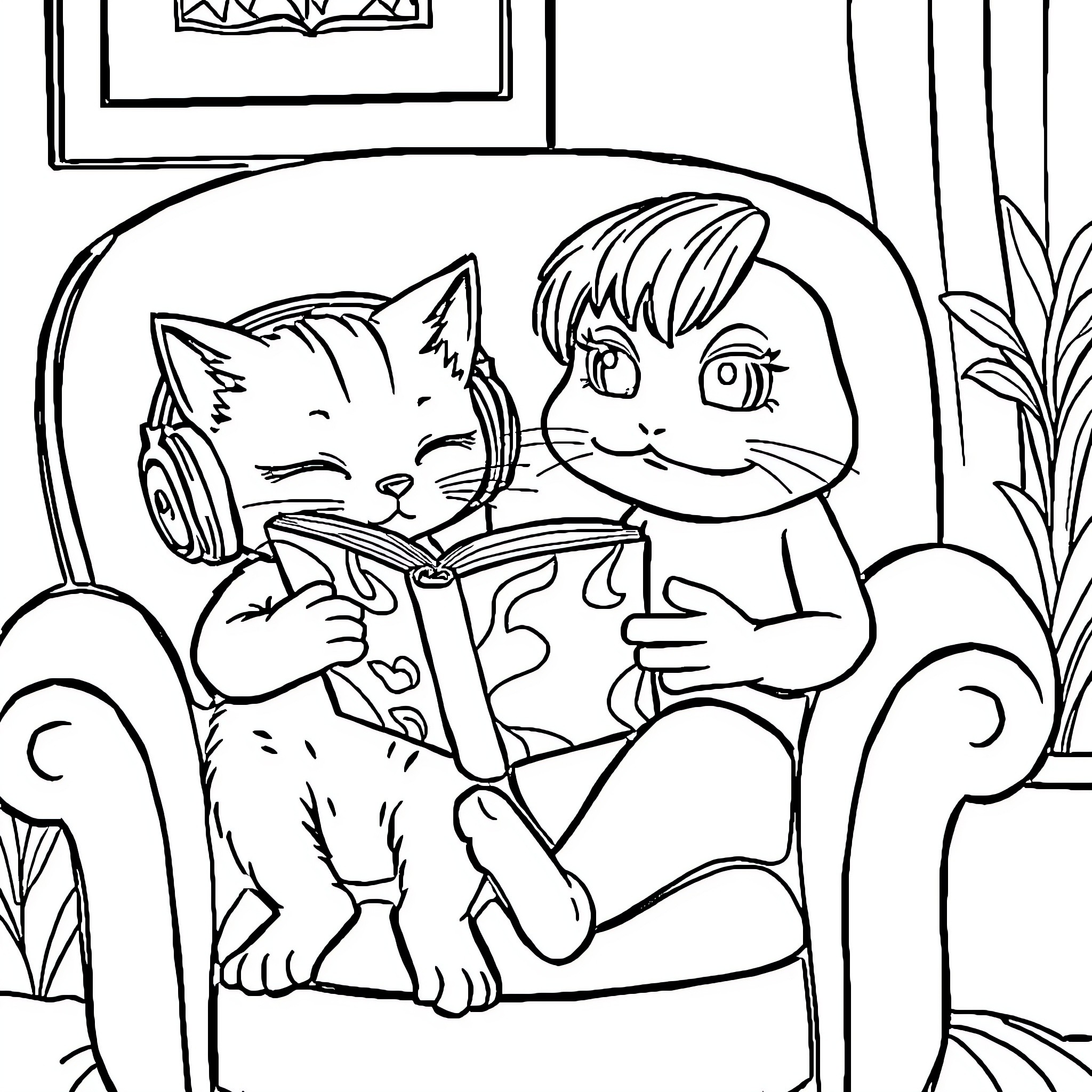 Cat and child reading together in comfort Coloring Page (free black-and-white line drawing printable PDF for all, from beginners to advanced learners, including children, teens, adults, and seniors)