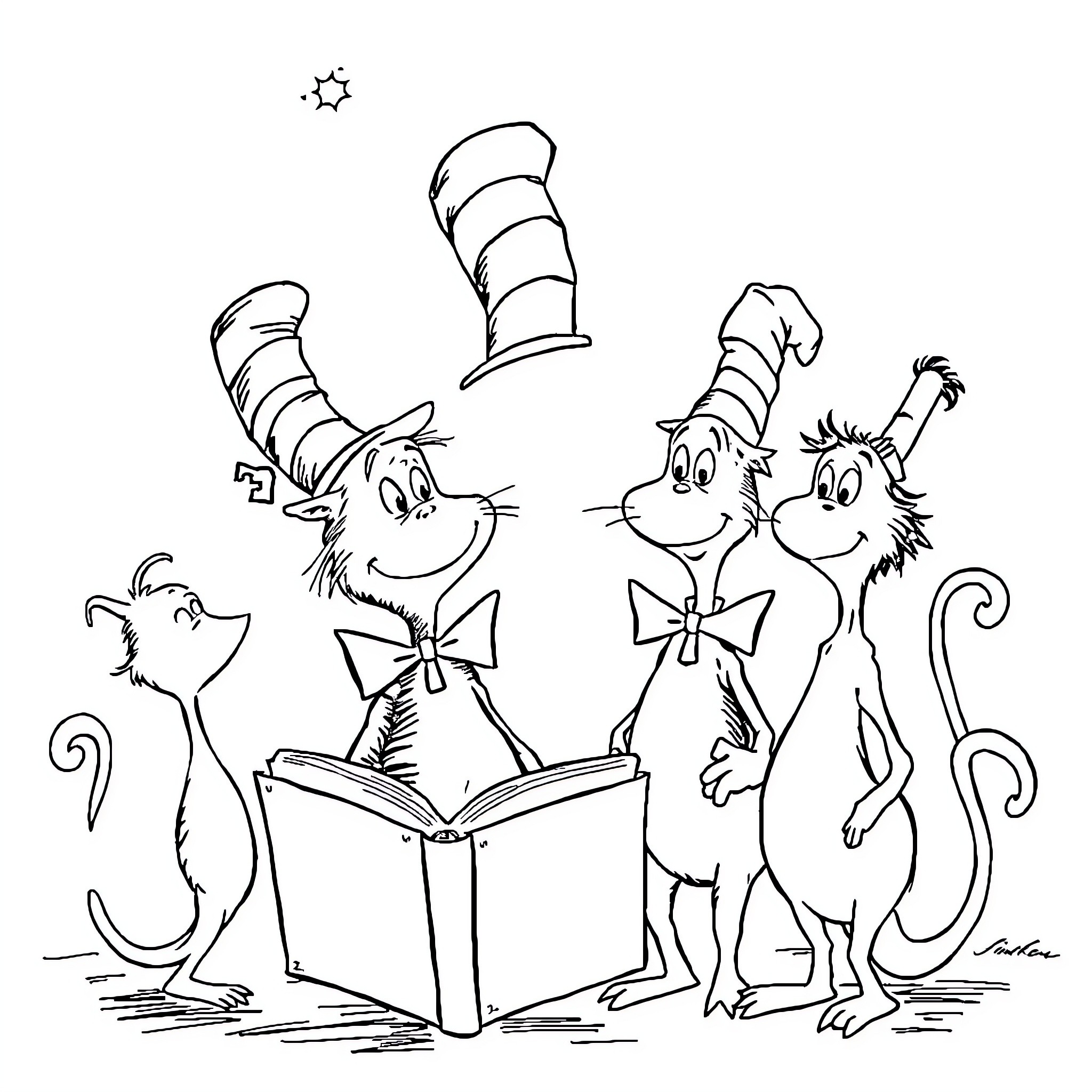 Dr. Seuss characters reading a book happily Coloring Page (free black-and-white line drawing printable PDF for all, from beginners to advanced learners, including children, teens, adults, and seniors)