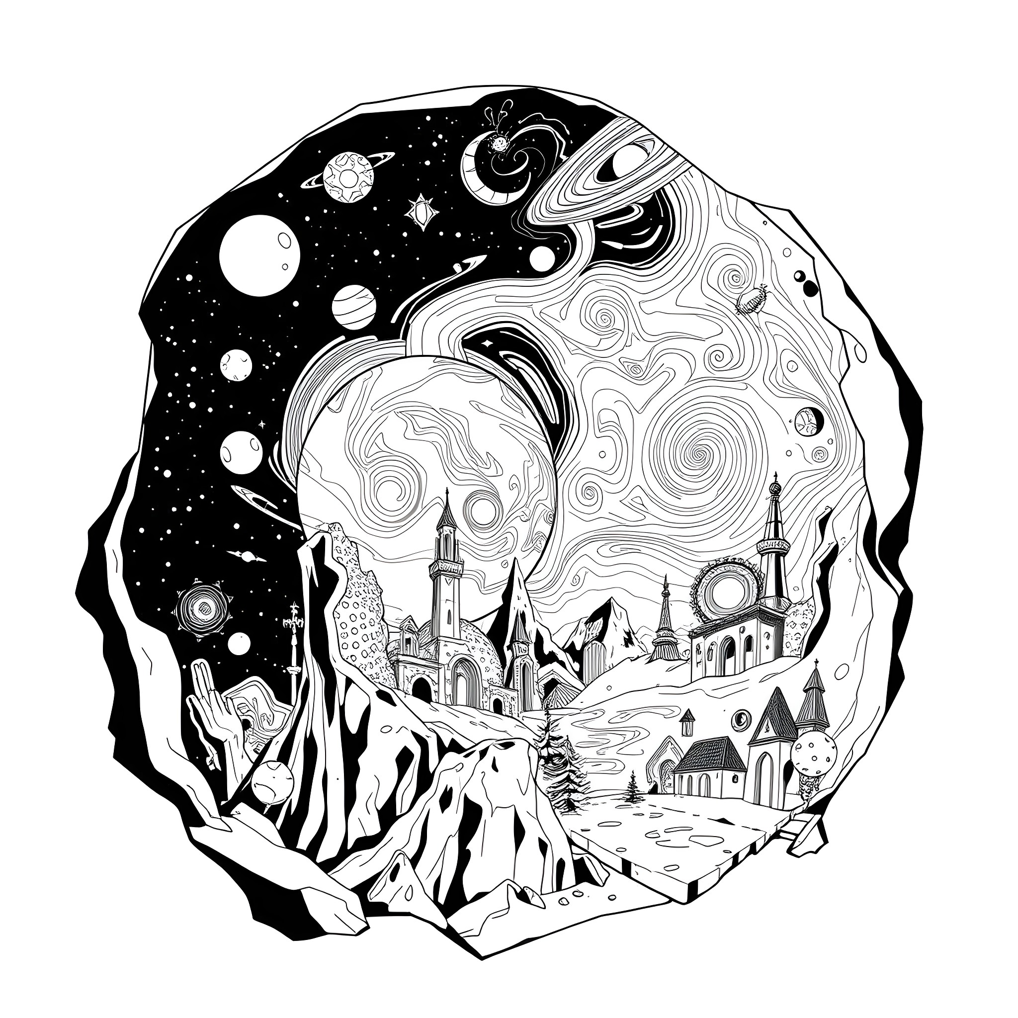 Space fantasy landscape with castles and celestial elements Coloring Page (free black-and-white line drawing printable PDF for all, from beginners to advanced learners, including children, teens, adults, and seniors)