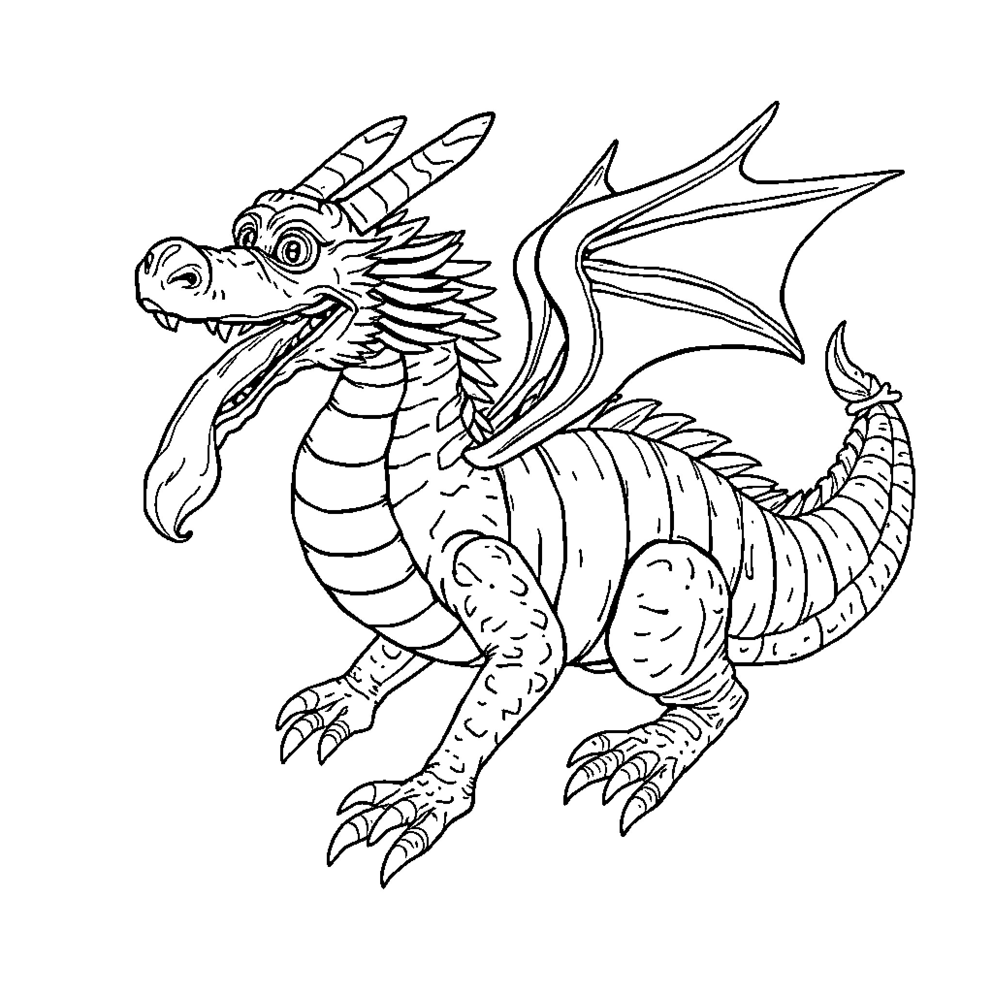 Dragon with Detailed Outfits and Expressive Pose Coloring Page (free black-and-white line drawing printable PDF for all, from beginners to advanced learners, including children, teens, adults, and seniors)