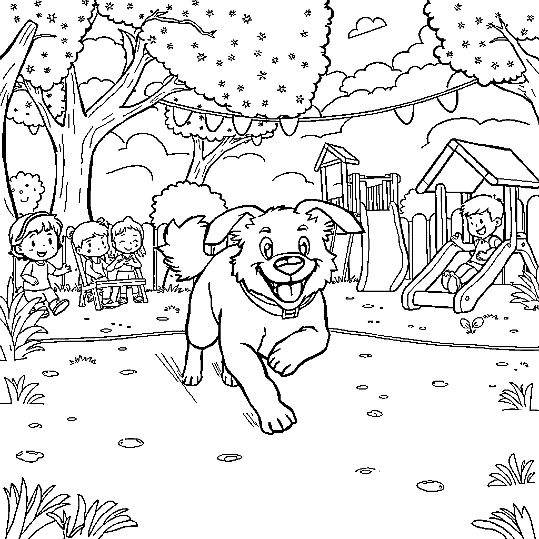 Dog Playing Happily in the Snowy Playground Coloring Page (free black-and-white line drawing printable PDF for all, from beginners to advanced learners, including children, teens, adults, and seniors)