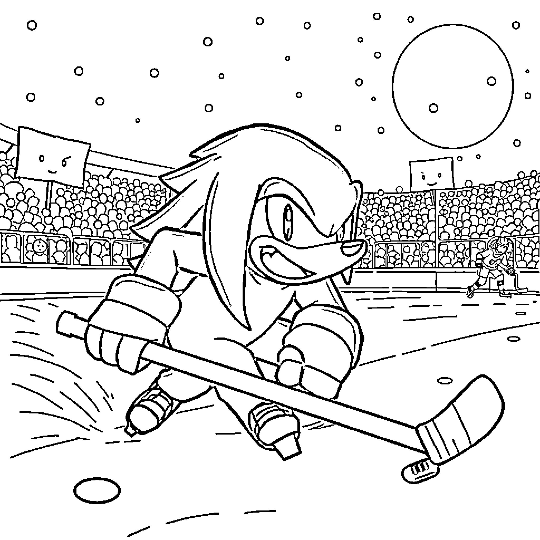 Knuckles playing hockey on the ice rink Coloring Page (free black-and-white line drawing printable PDF for all, from beginners to advanced learners, including children, teens, adults, and seniors)