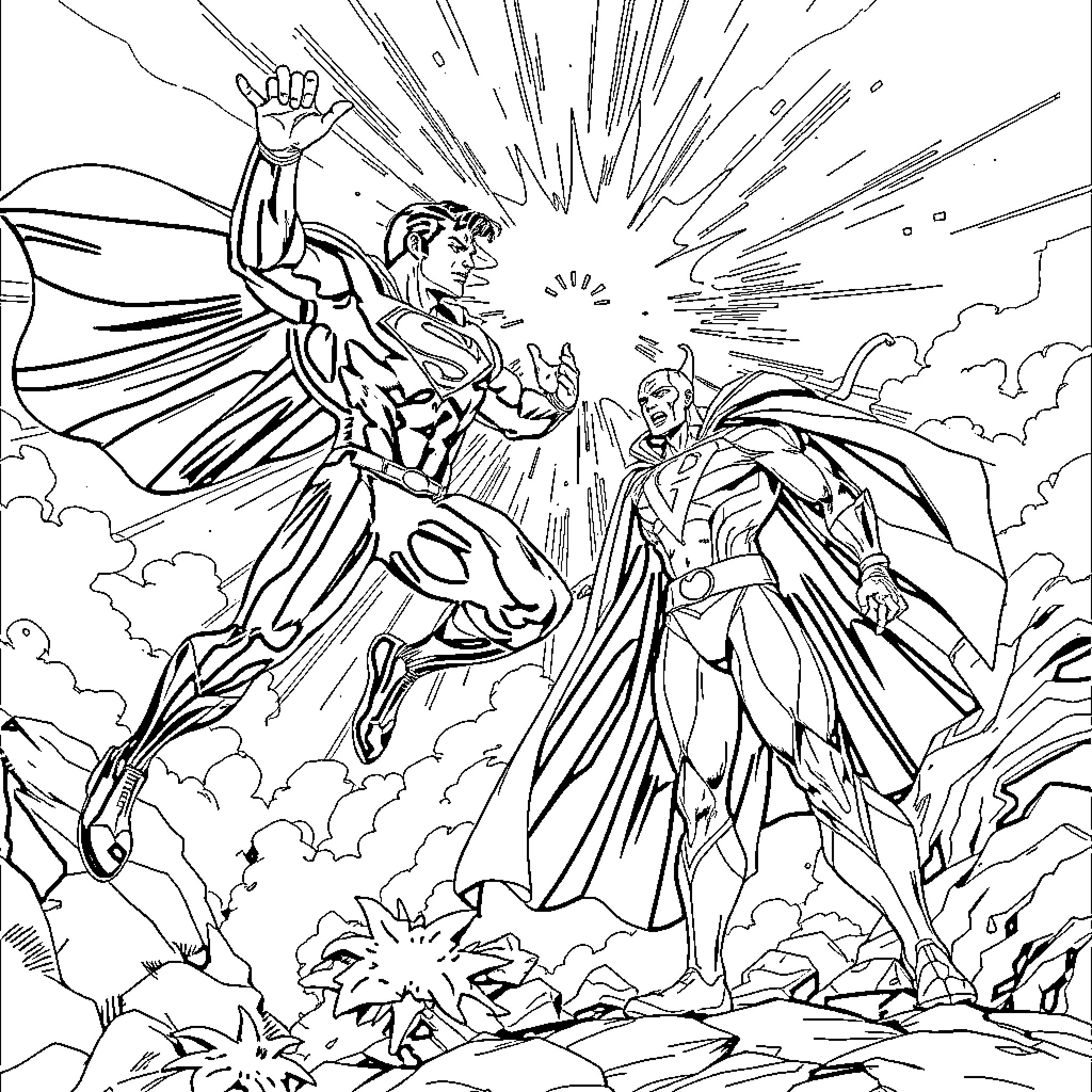 Superman battles a powerful foe in heroic action Coloring Page (free black-and-white line drawing printable PDF for all, from beginners to advanced learners, including children, teens, adults, and seniors)