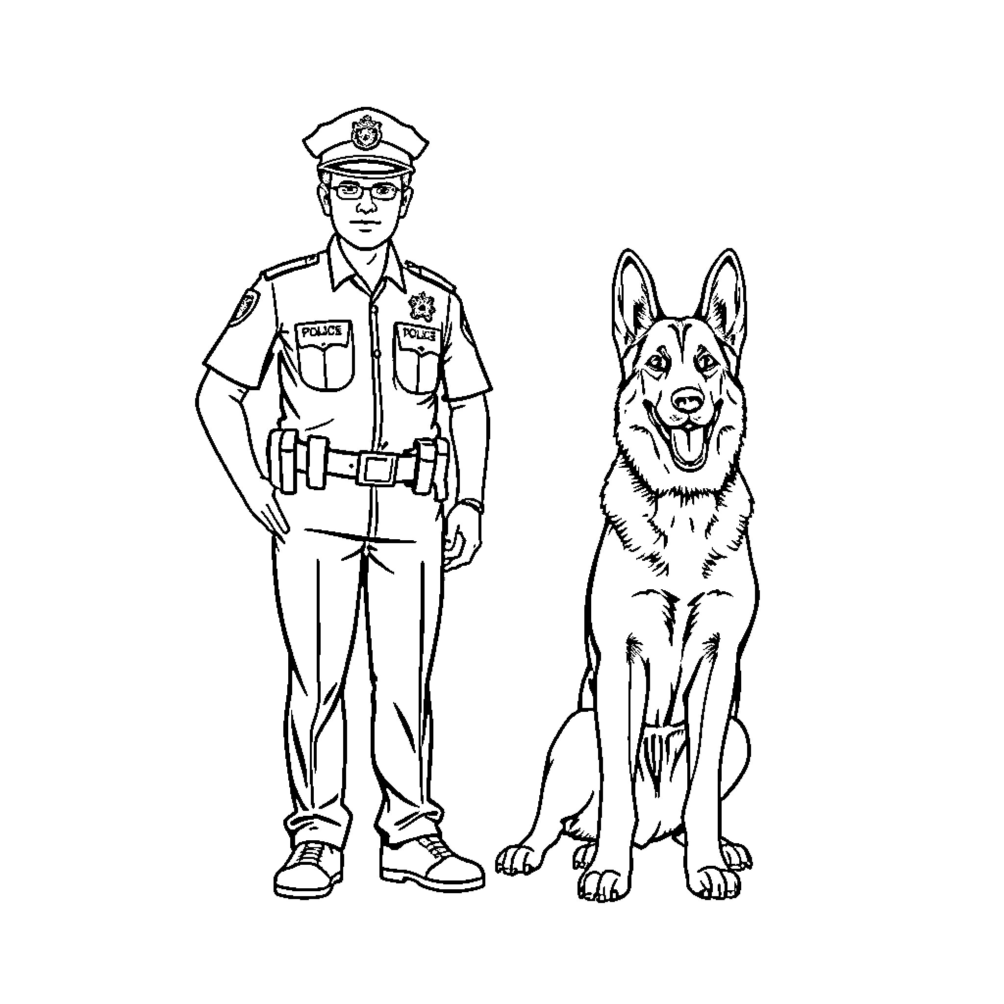 Police Officer and Canine Companion Coloring Page (free black-and-white line drawing printable PDF for all, from beginners to advanced learners, including children, teens, adults, and seniors)