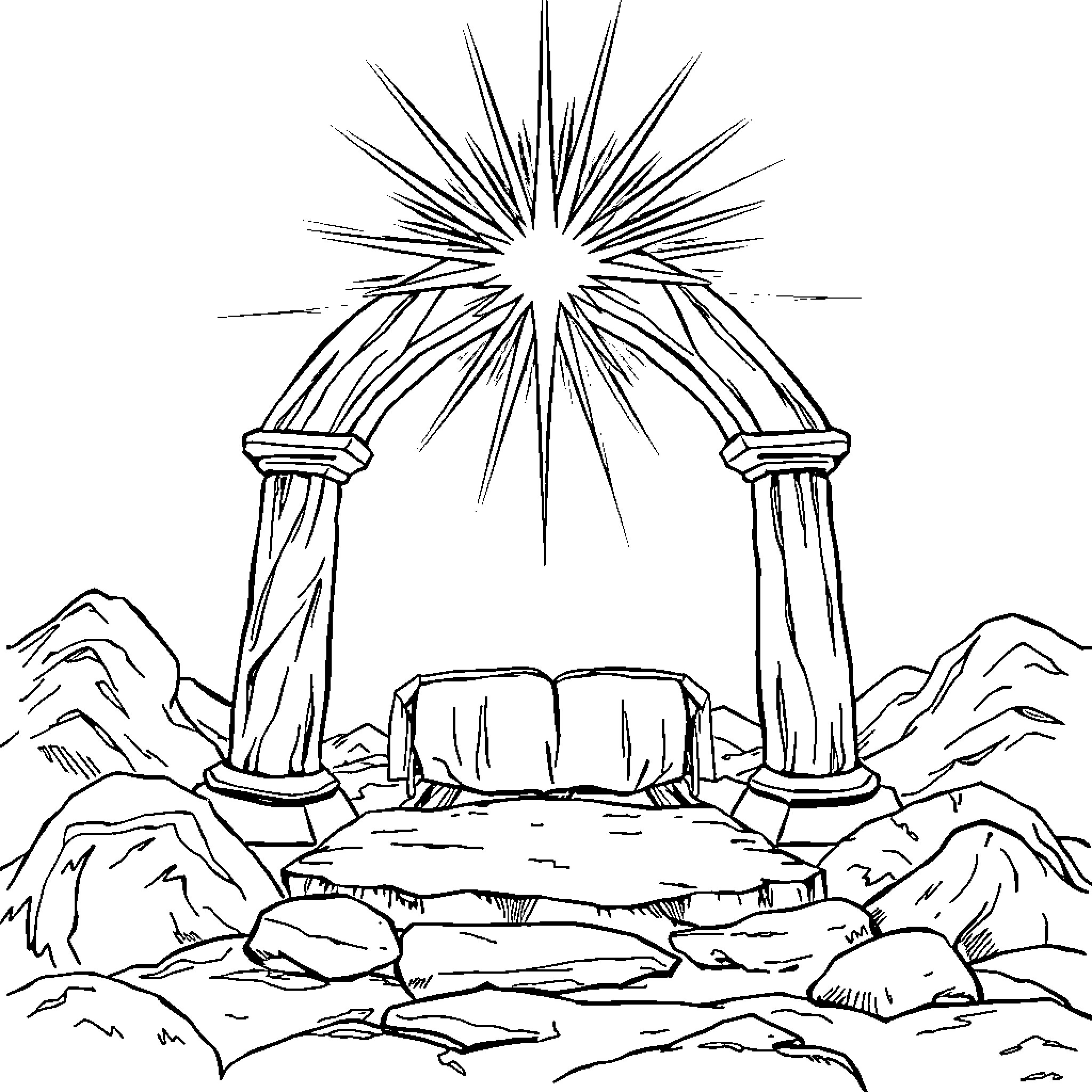 Arc of Light Shining Amidst Rugged Landscape Coloring Page (free black-and-white line drawing printable PDF for all, from beginners to advanced learners, including children, teens, adults, and seniors)