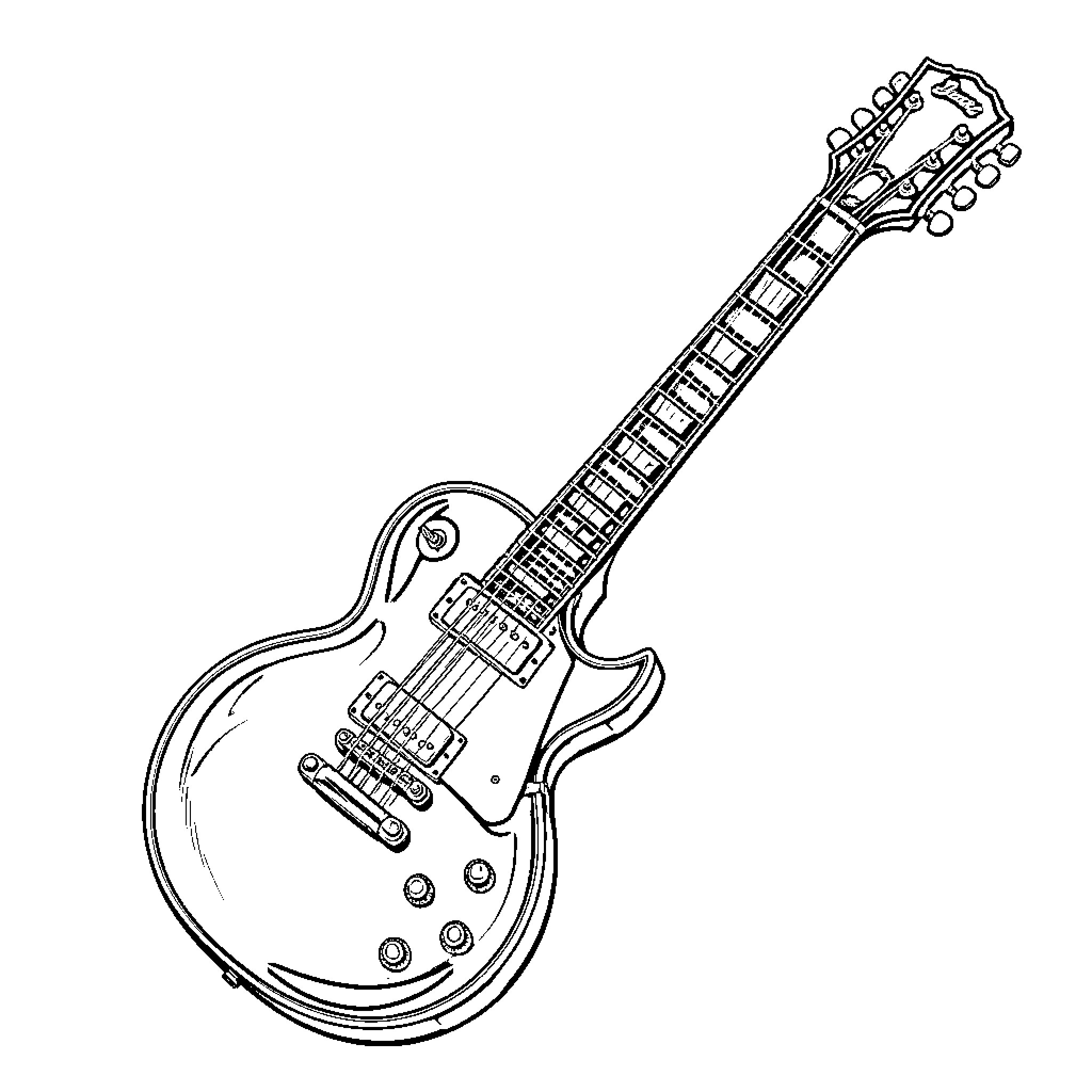 Guitar with detailed strings and fretboard Coloring Page (free black-and-white line drawing printable PDF for all, from beginners to advanced learners, including children, teens, adults, and seniors)
