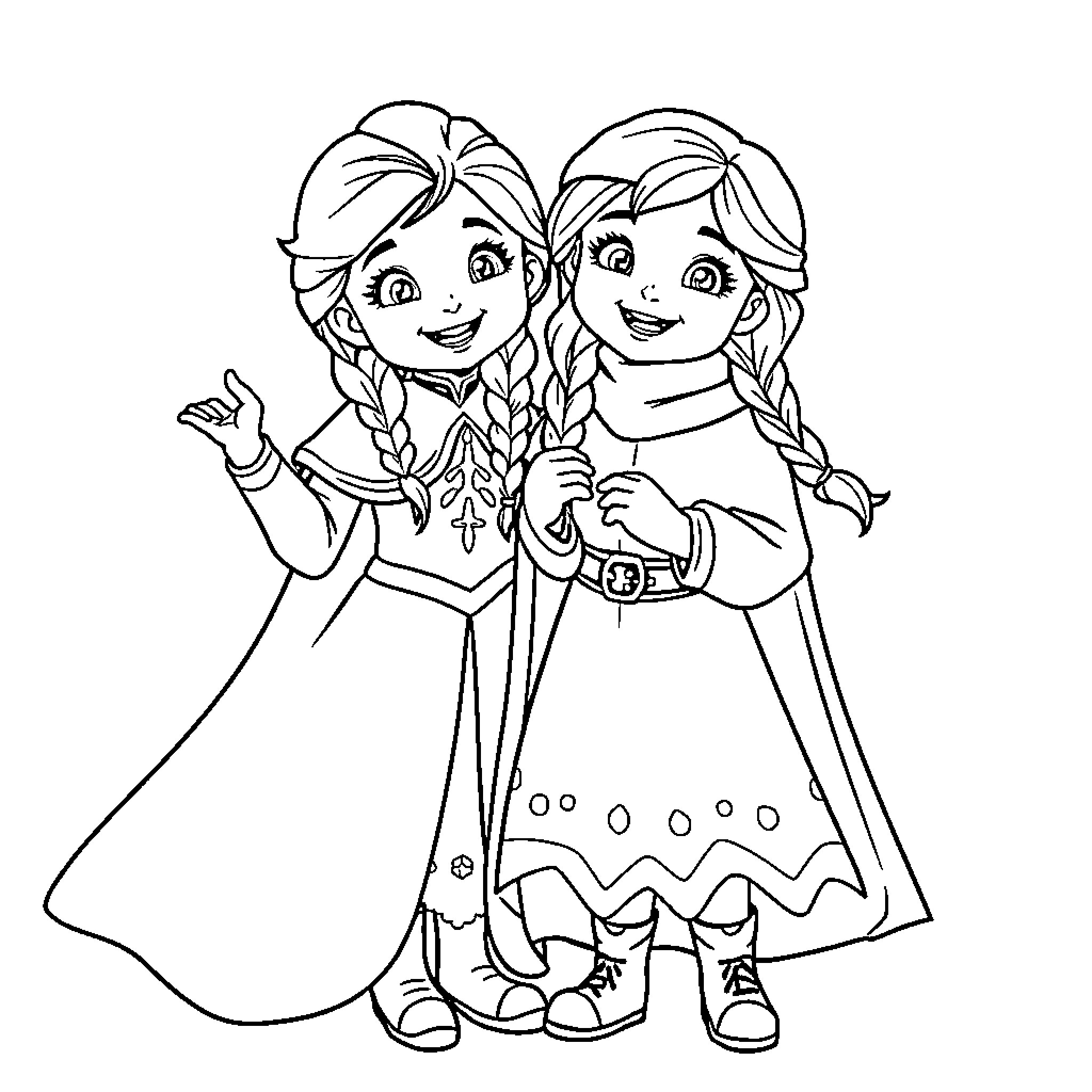 Kid sisters in festive winter outfits Coloring Page (free black-and-white line drawing printable PDF for all, from beginners to advanced learners, including children, teens, adults, and seniors)