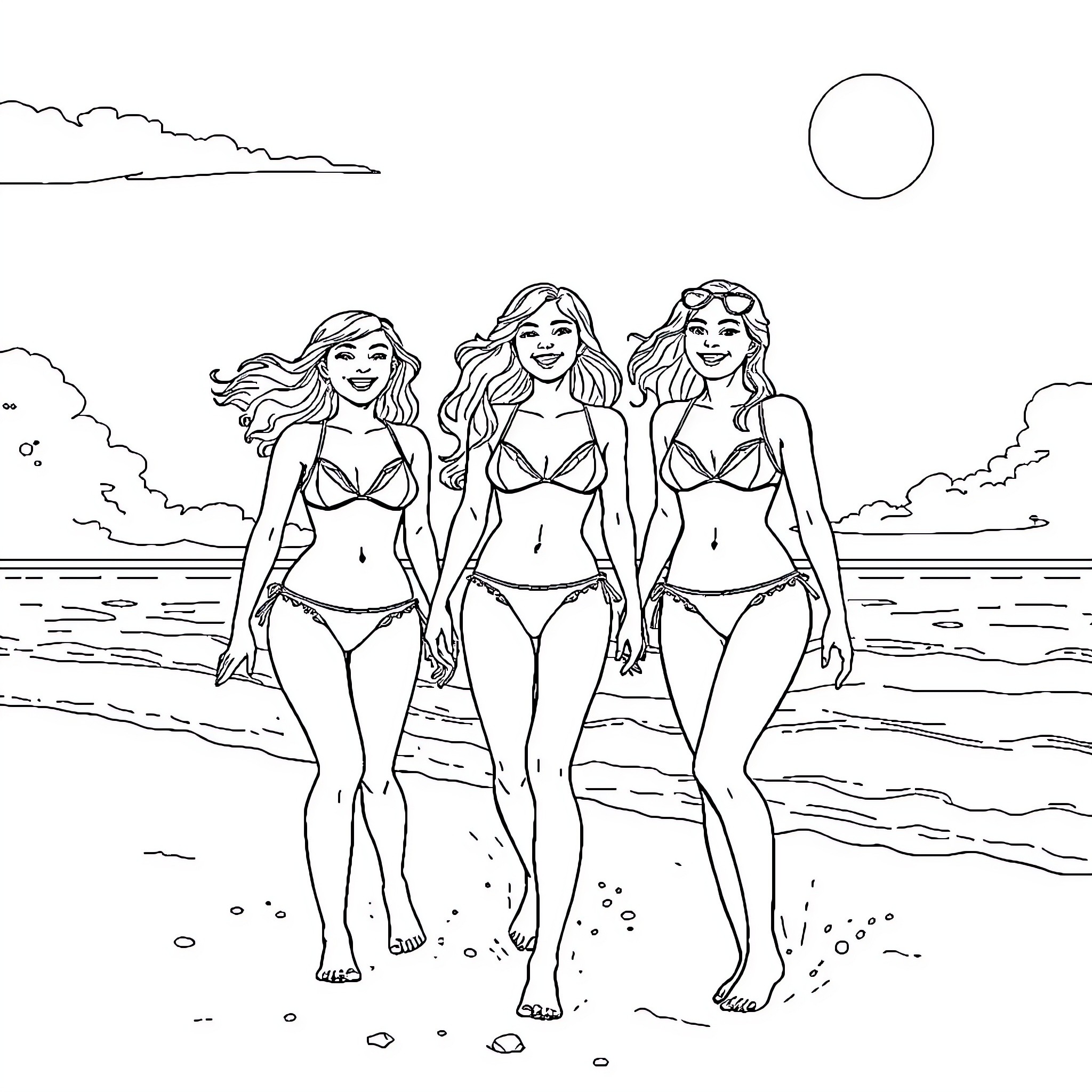 Girls walking along the beach at sunset Coloring Page (free black-and-white line drawing printable PDF for all, from beginners to advanced learners, including children, teens, adults, and seniors)