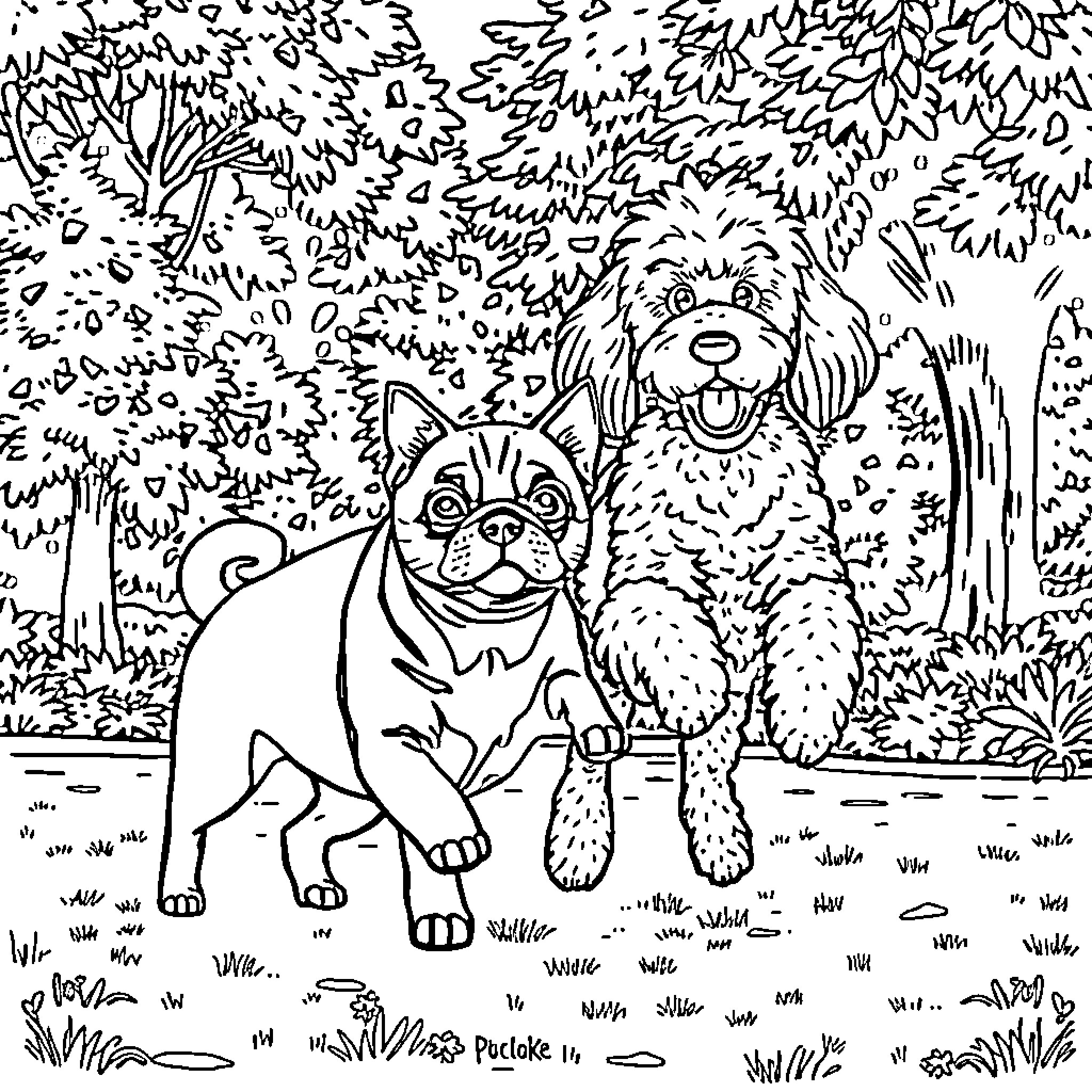 Perro playing happily with friend in forest Coloring Page (free black-and-white line drawing printable PDF for all, from beginners to advanced learners, including children, teens, adults, and seniors)