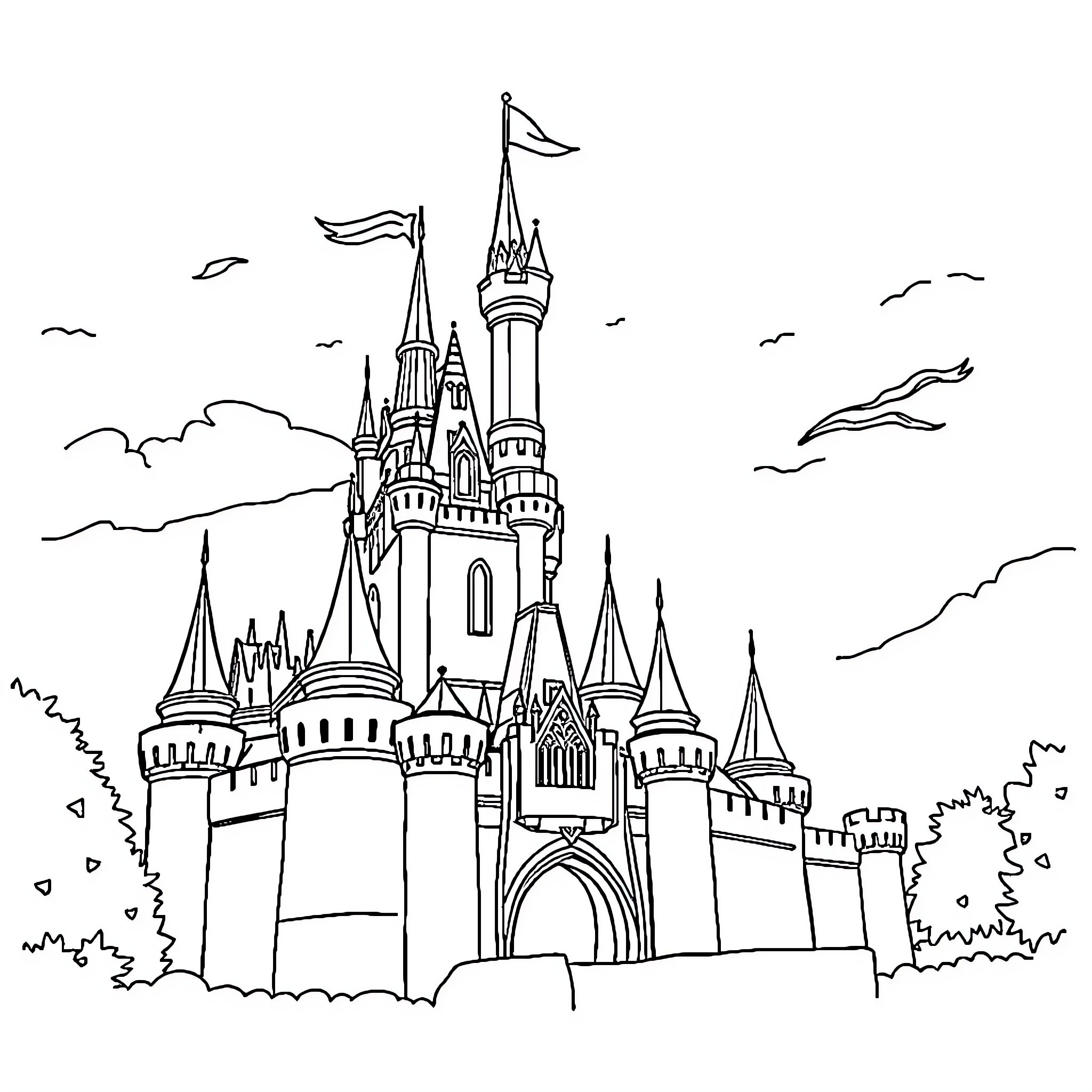 Castle with Majestic Towers and Flags Coloring Page (free black-and-white line drawing printable PDF for all, from beginners to advanced learners, including children, teens, adults, and seniors)
