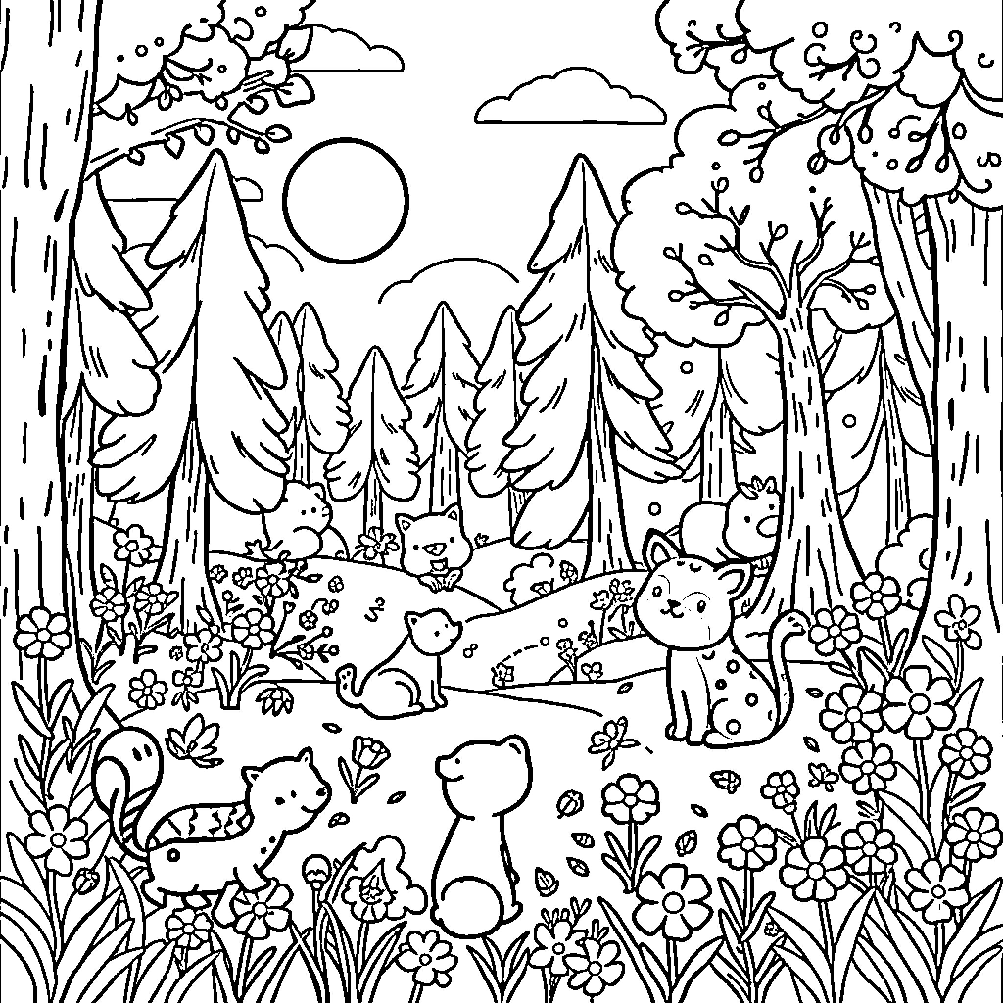 Animal Playground in the Forest Coloring Page (free black-and-white line drawing printable PDF for all, from beginners to advanced learners, including children, teens, adults, and seniors)