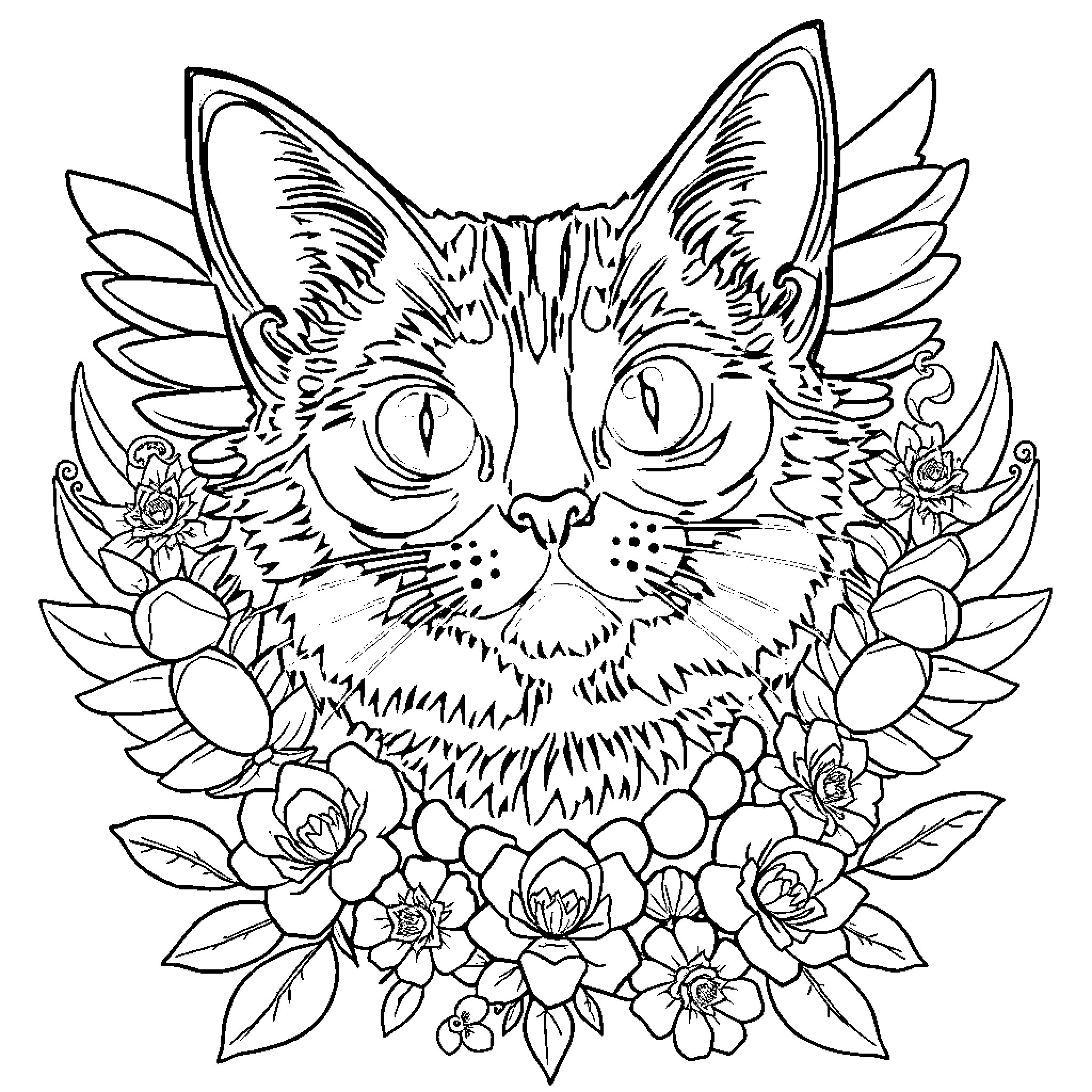 Bat Cat in a Flowery Scene Coloring Page (free black-and-white line drawing printable PDF for all, from beginners to advanced learners, including children, teens, adults, and seniors)