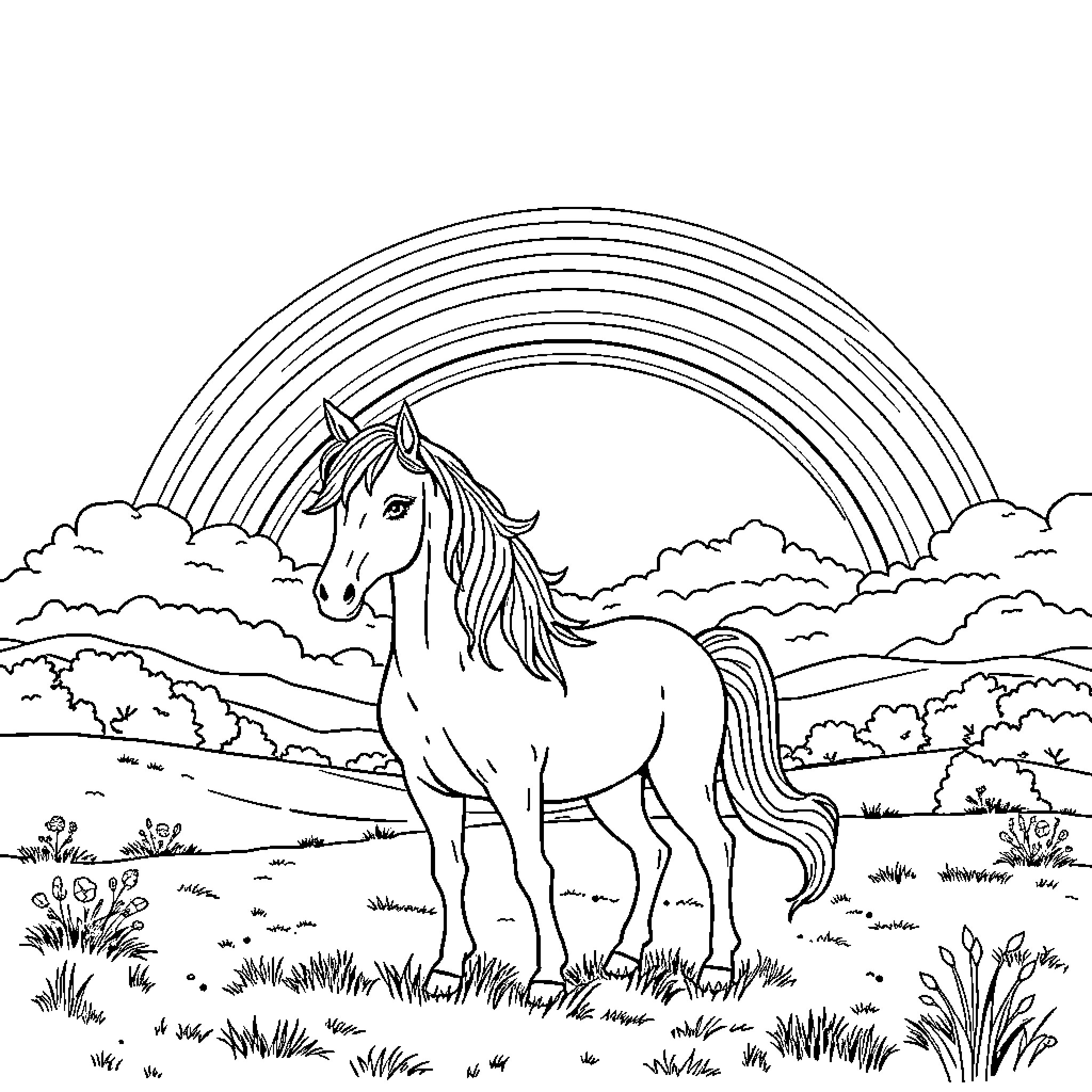 Unicorn standing amidst a scenic landscape Coloring Page (free black-and-white line drawing printable PDF for all, from beginners to advanced learners, including children, teens, adults, and seniors)