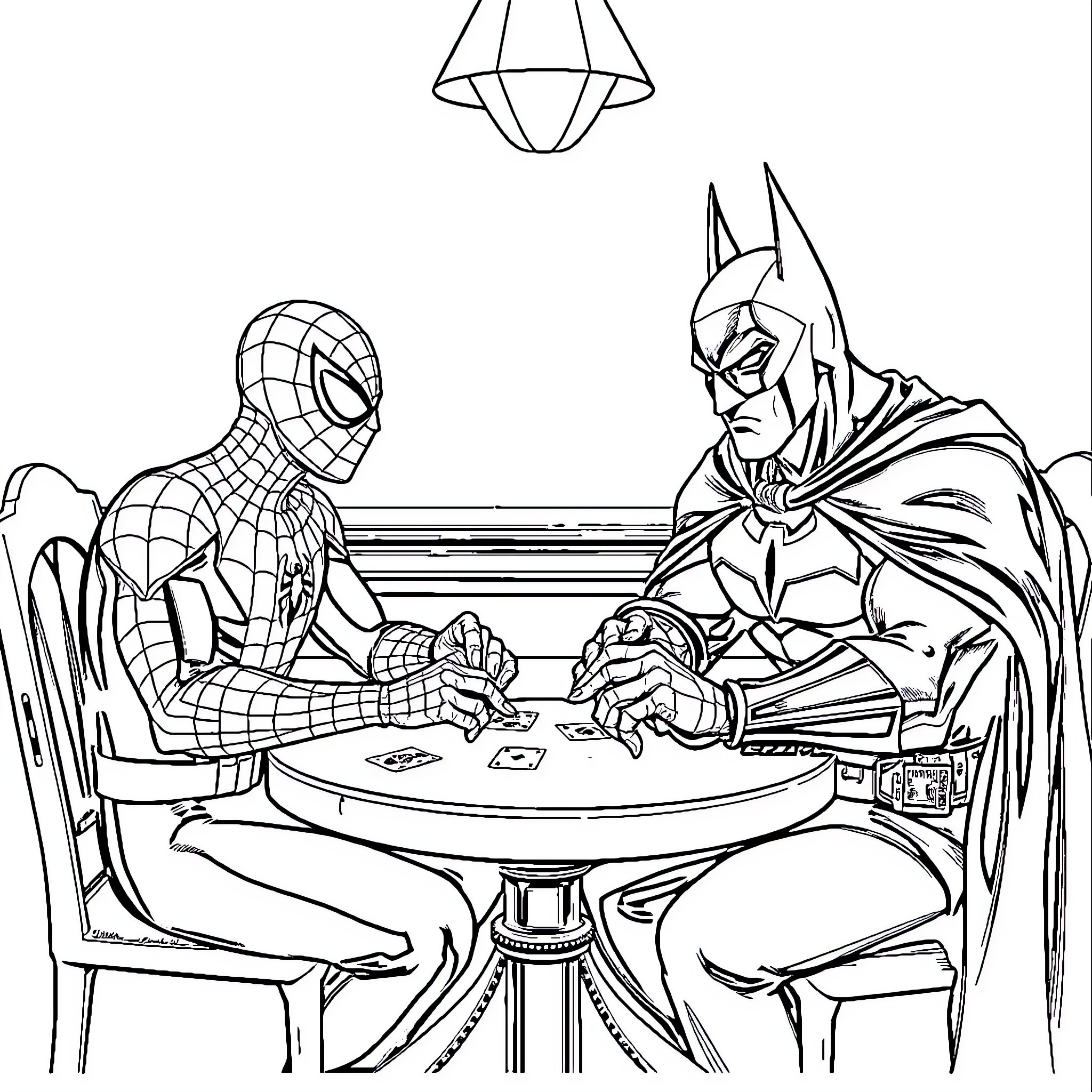 Spider-Man and Batman playing cards in a cozy room Coloring Page (free black-and-white line drawing printable PDF for all, from beginners to advanced learners, including children, teens, adults, and seniors)