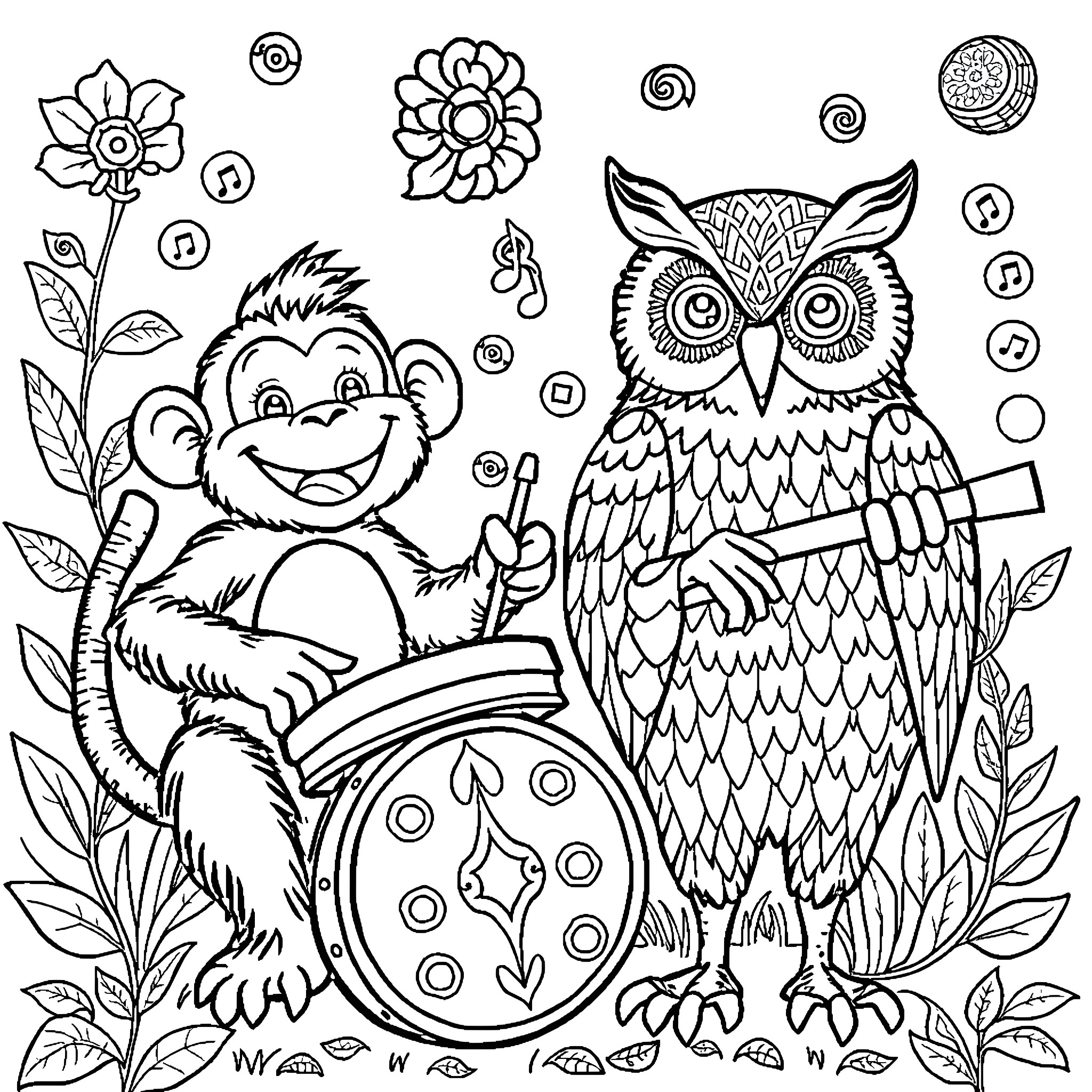 Animal friends enjoying a musical performance in nature Coloring Page (free black-and-white line drawing printable PDF for all, from beginners to advanced learners, including children, teens, adults, and seniors)