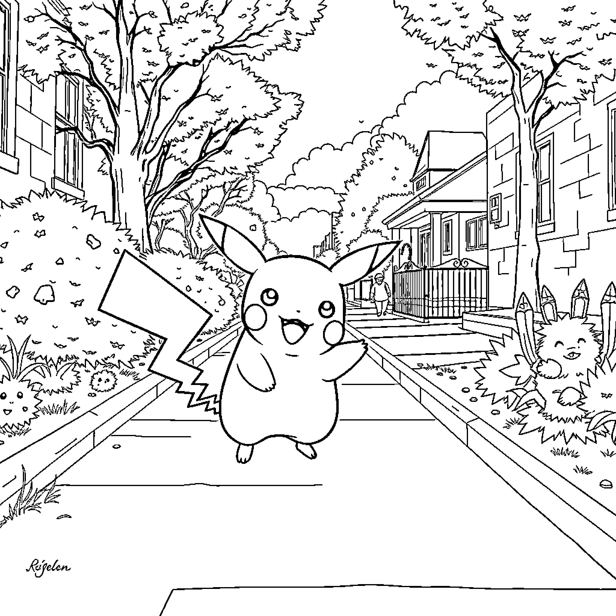 Pikachu enjoying a stroll through a cozy neighborhood Coloring Page (free black-and-white line drawing printable PDF for all, from beginners to advanced learners, including children, teens, adults, and seniors)