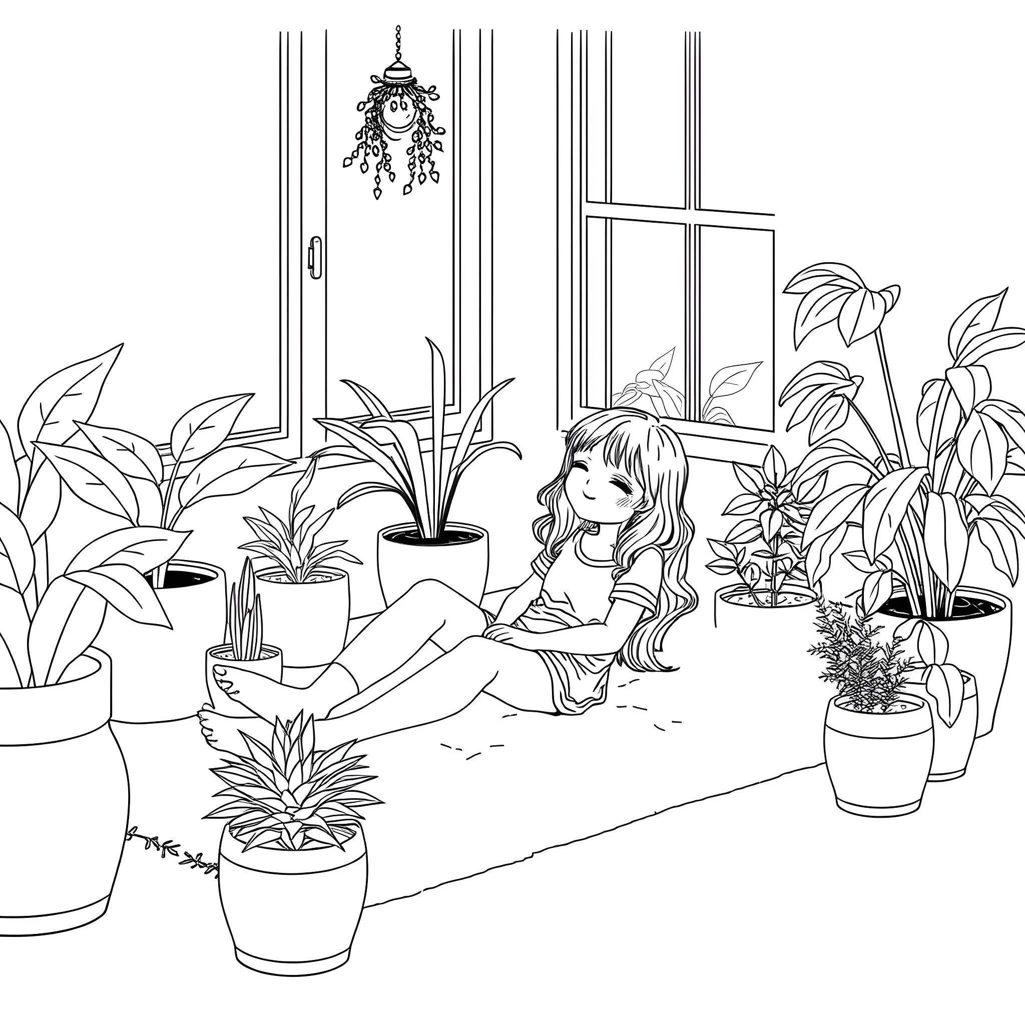 Girl relaxing in indoor garden surrounded by plants Coloring Page (free black-and-white line drawing printable PDF for all, from beginners to advanced learners, including children, teens, adults, and seniors)