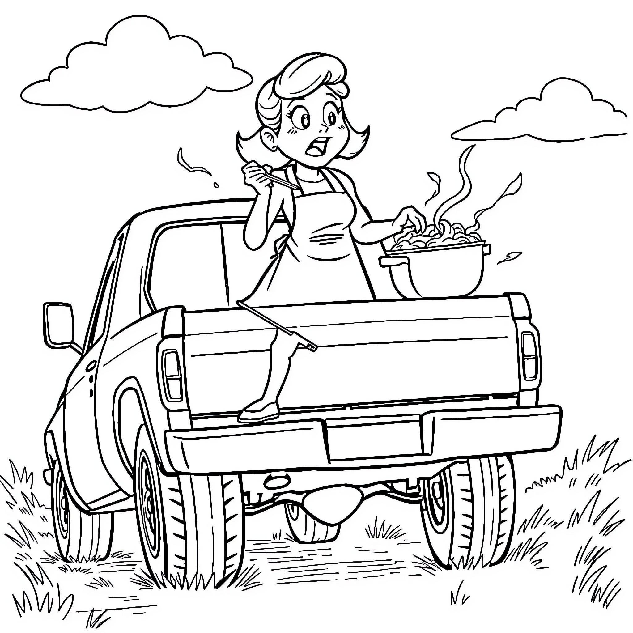 Mom tending to a cooking pot on the truck Coloring Page (free black-and-white line drawing printable PDF for all, from beginners to advanced learners, including children, teens, adults, and seniors)