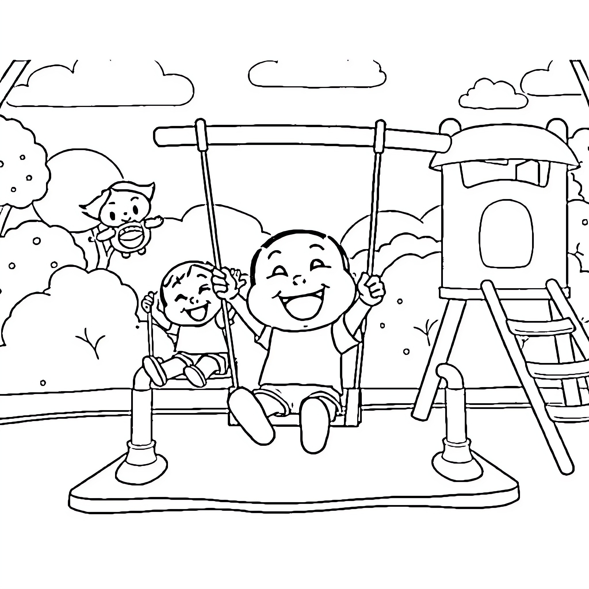 Shin Chan playing happily on the swing set Coloring Page (free black-and-white line drawing printable PDF for all, from beginners to advanced learners, including children, teens, adults, and seniors)