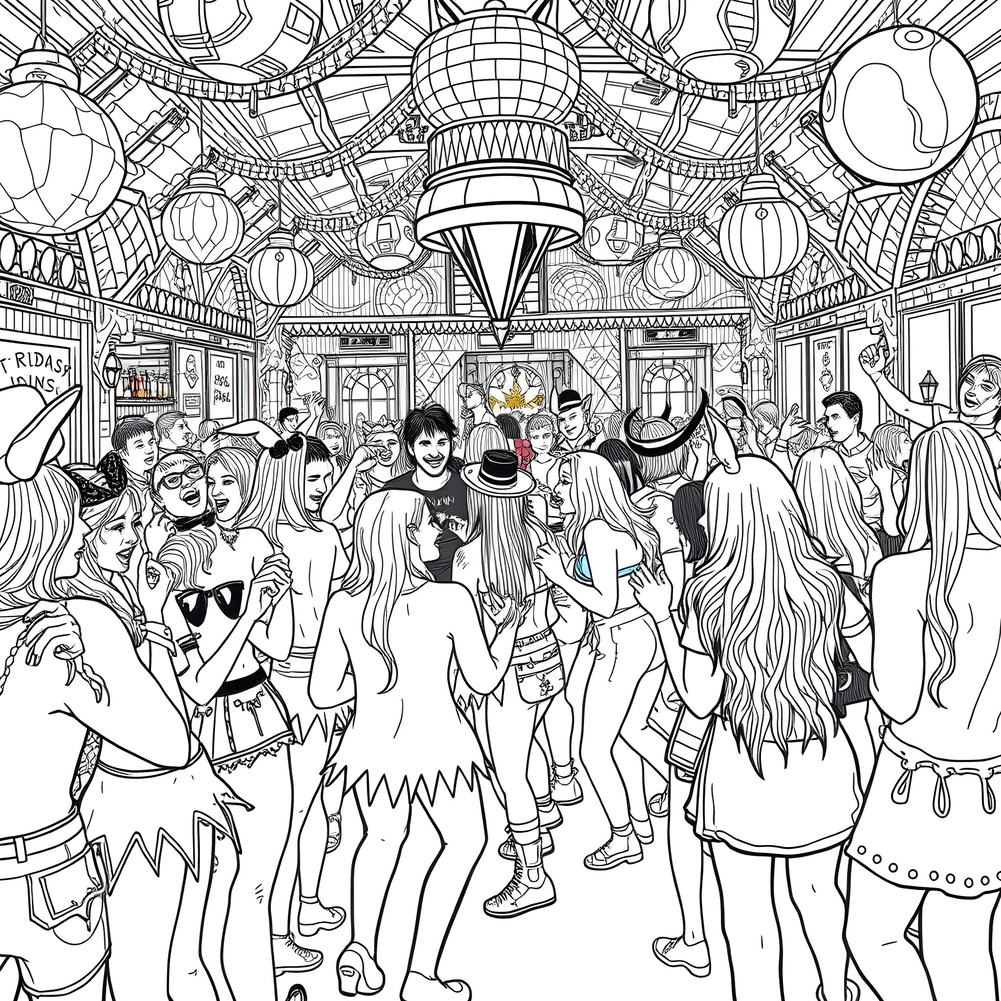 Party scene with festive decorations and people in motion Coloring Page (free black-and-white line drawing printable PDF for all, from beginners to advanced learners, including children, teens, adults, and seniors)