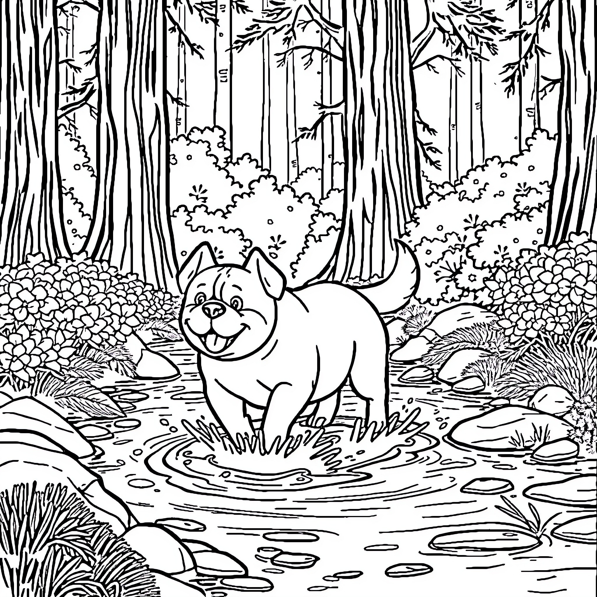 Dog splashing in forest stream Coloring Page (free black-and-white line drawing printable PDF for all, from beginners to advanced learners, including children, teens, adults, and seniors)