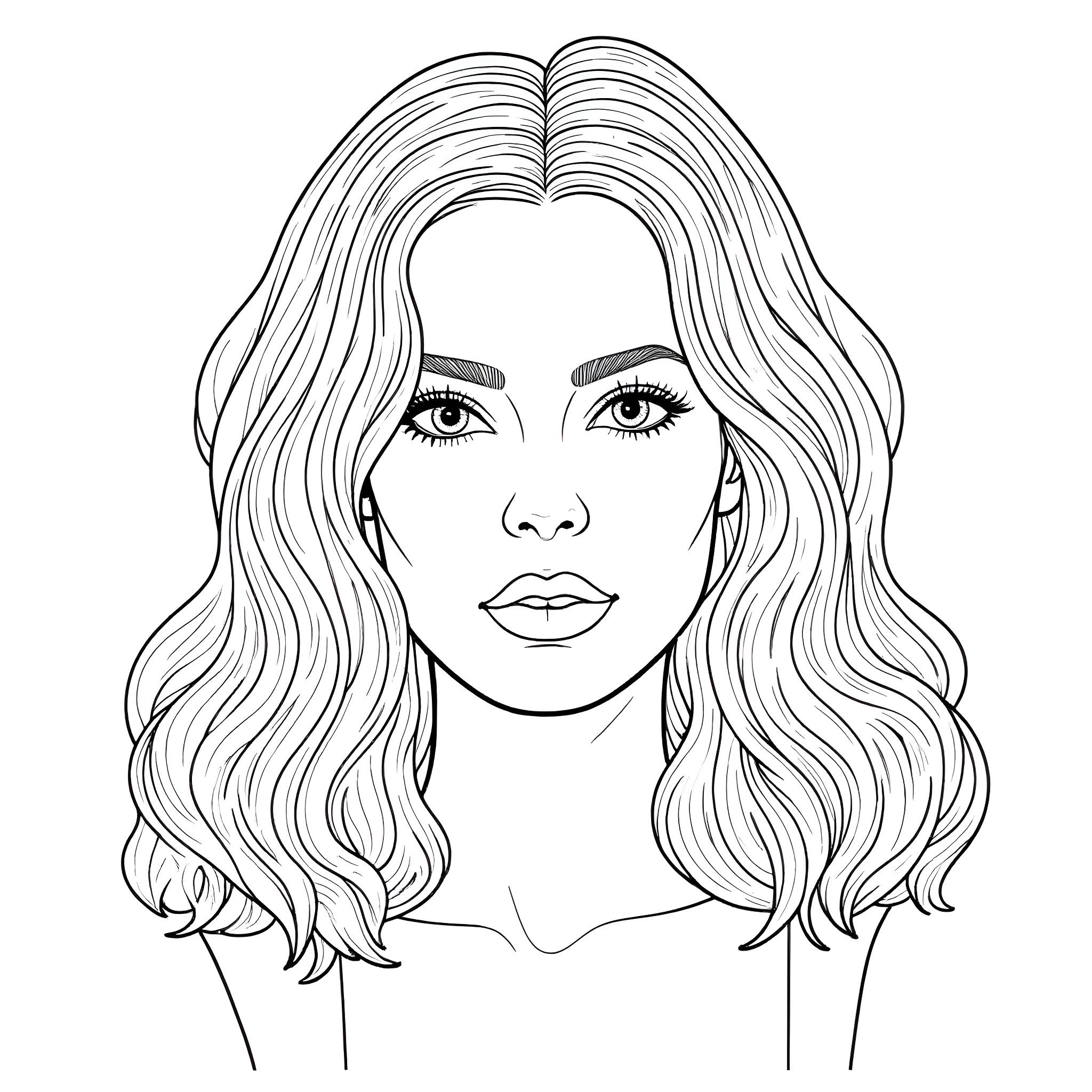 Lana Del Rey's Flowing Locks and Captivating Gaze Coloring Page (free black-and-white line drawing printable PDF for all, from beginners to advanced learners, including children, teens, adults, and seniors)