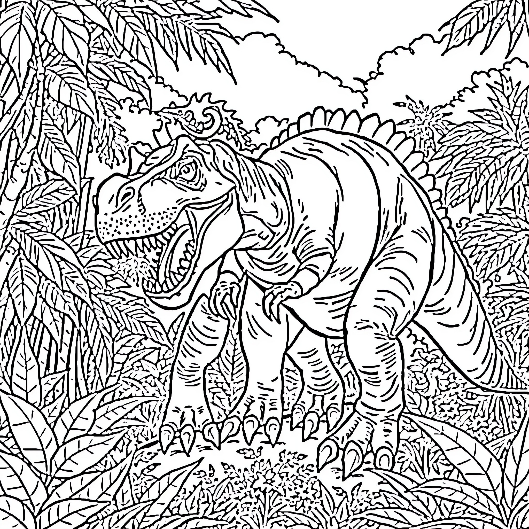 T-Rex stomping through the jungle Coloring Page (free black-and-white line drawing printable PDF for all, from beginners to advanced learners, including children, teens, adults, and seniors)