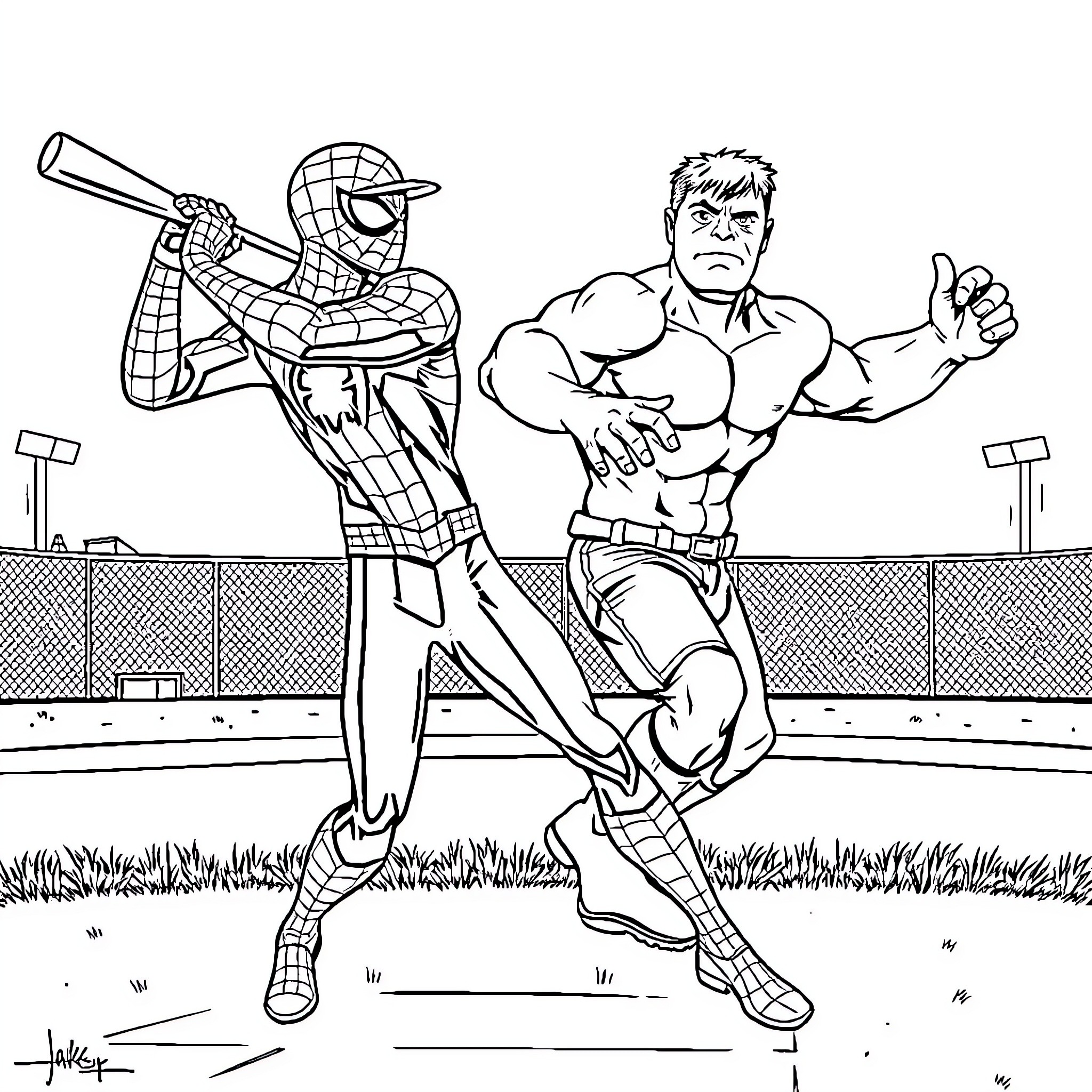 Spider-Man battles a muscular adversary in a stadium Coloring Page (free black-and-white line drawing printable PDF for all, from beginners to advanced learners, including children, teens, adults, and seniors)