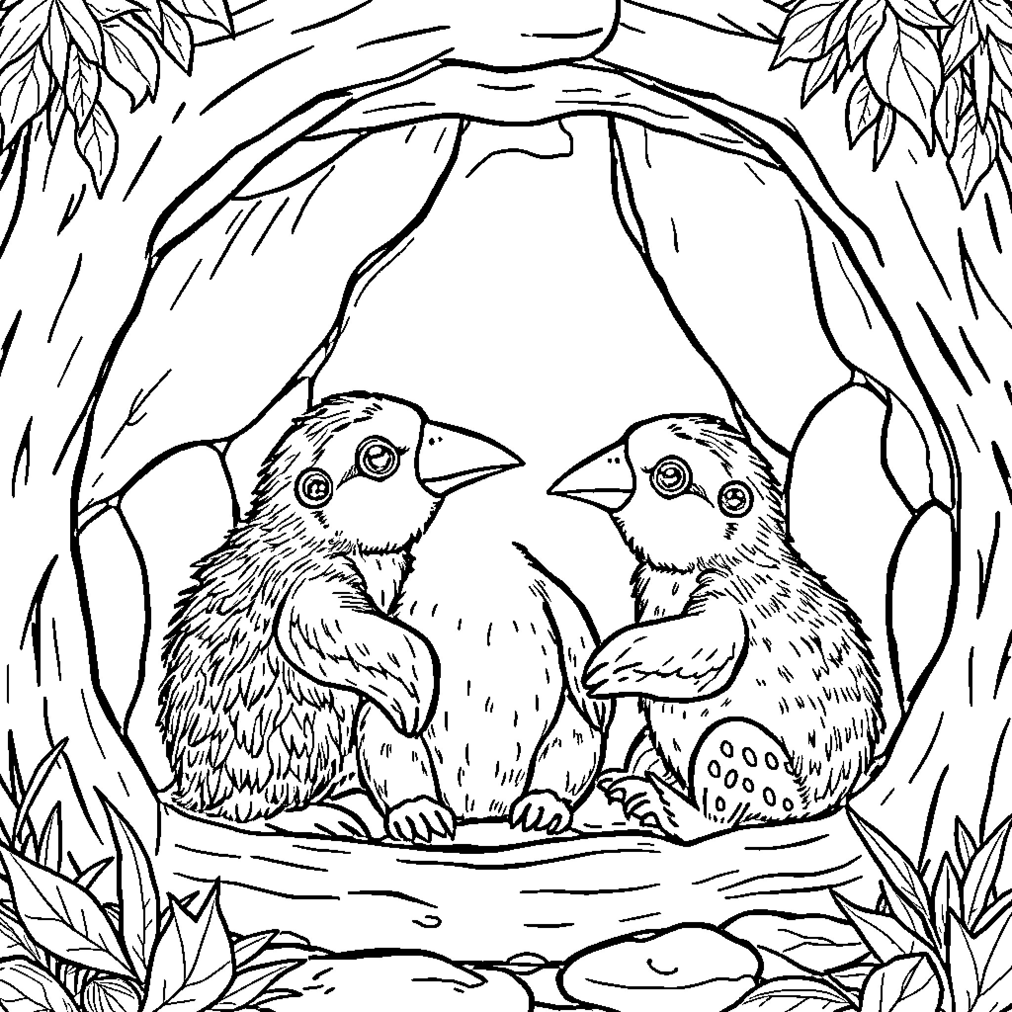 Capybara pair in a cozy forest den Coloring Page (free black-and-white line drawing printable PDF for all, from beginners to advanced learners, including children, teens, adults, and seniors)