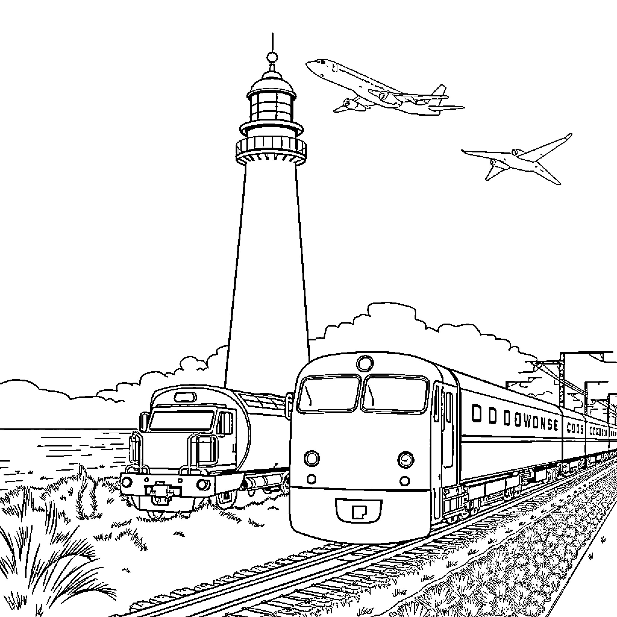 Lighthouse with passing trains and airplanes Coloring Page (free black-and-white line drawing printable PDF for all, from beginners to advanced learners, including children, teens, adults, and seniors)