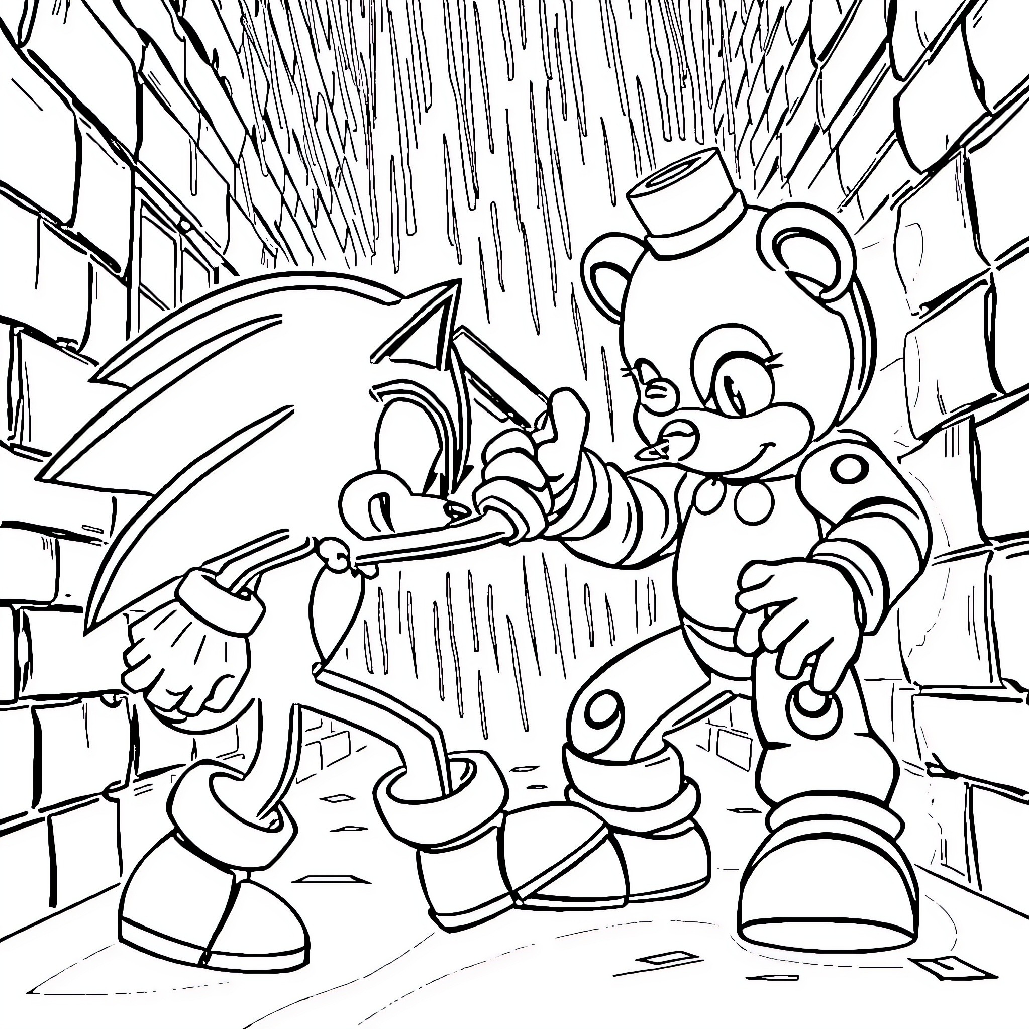 Freddy Fazbear and Sonic in a Dangerous Confrontation Coloring Page (free black-and-white line drawing printable PDF for all, from beginners to advanced learners, including children, teens, adults, and seniors)