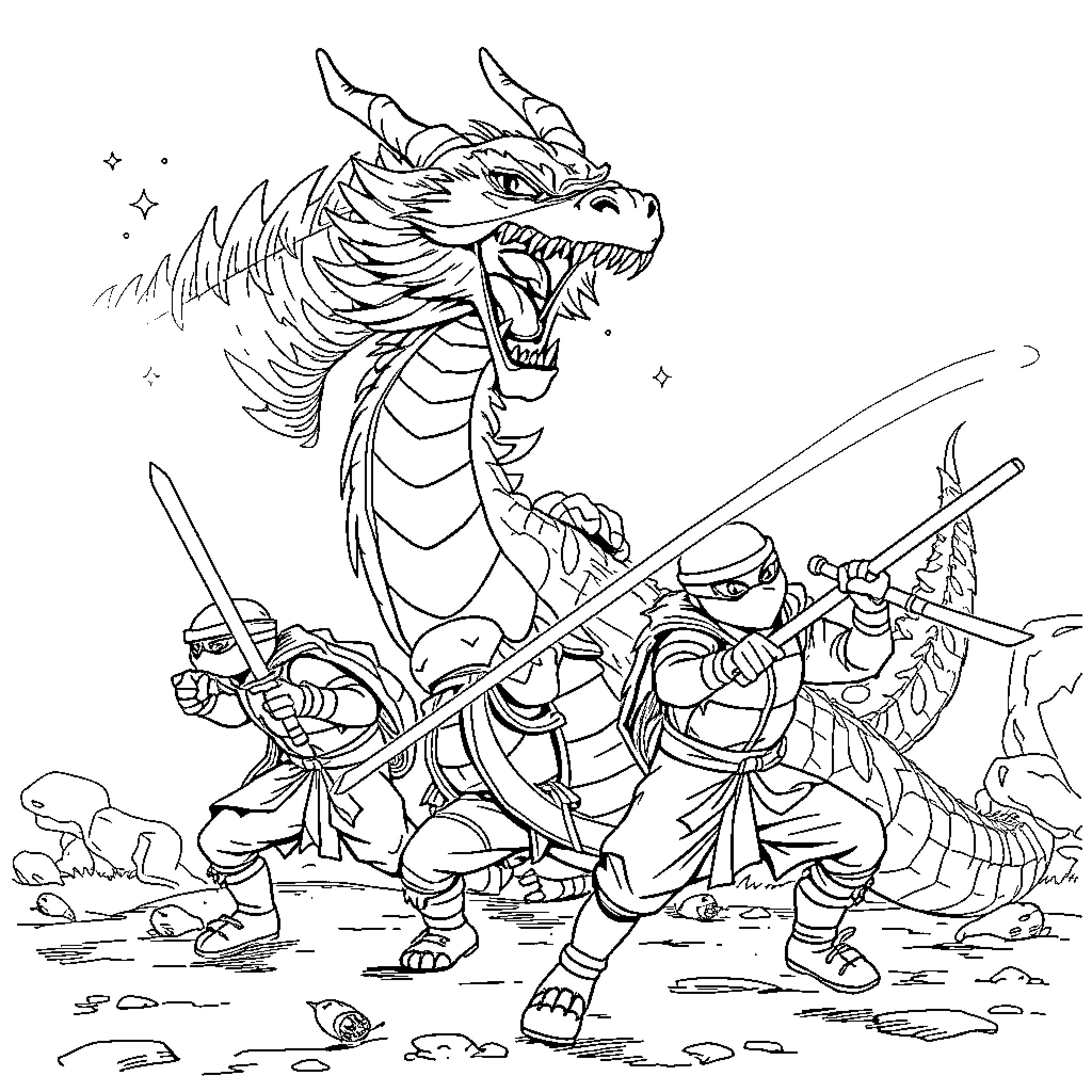 Ninja Turtle warriors battling a fierce dragon Coloring Page (free black-and-white line drawing printable PDF for all, from beginners to advanced learners, including children, teens, adults, and seniors)