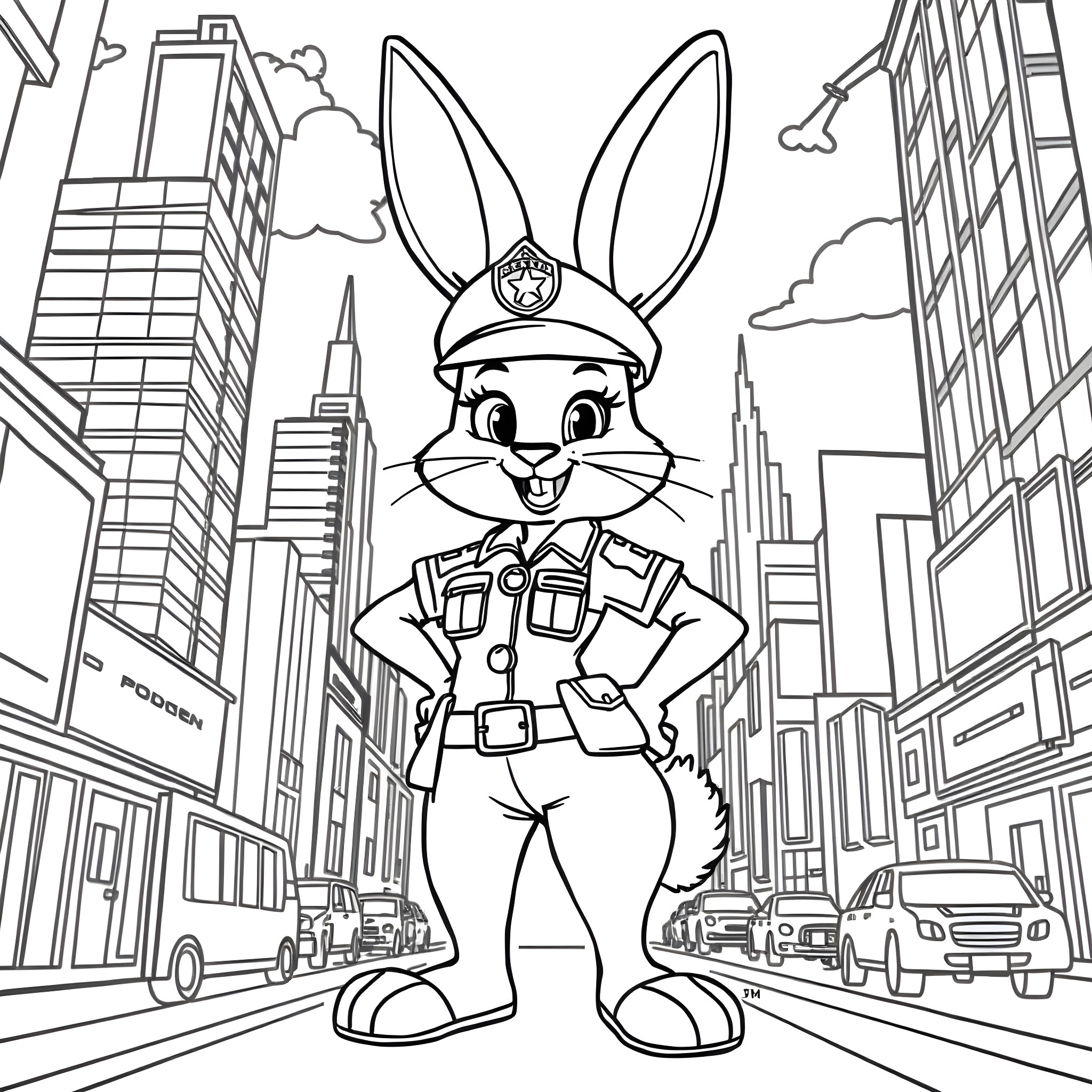 Judy Hopps, the bunny police officer, in the city Coloring Page (free black-and-white line drawing printable PDF for all, from beginners to advanced learners, including children, teens, adults, and seniors)