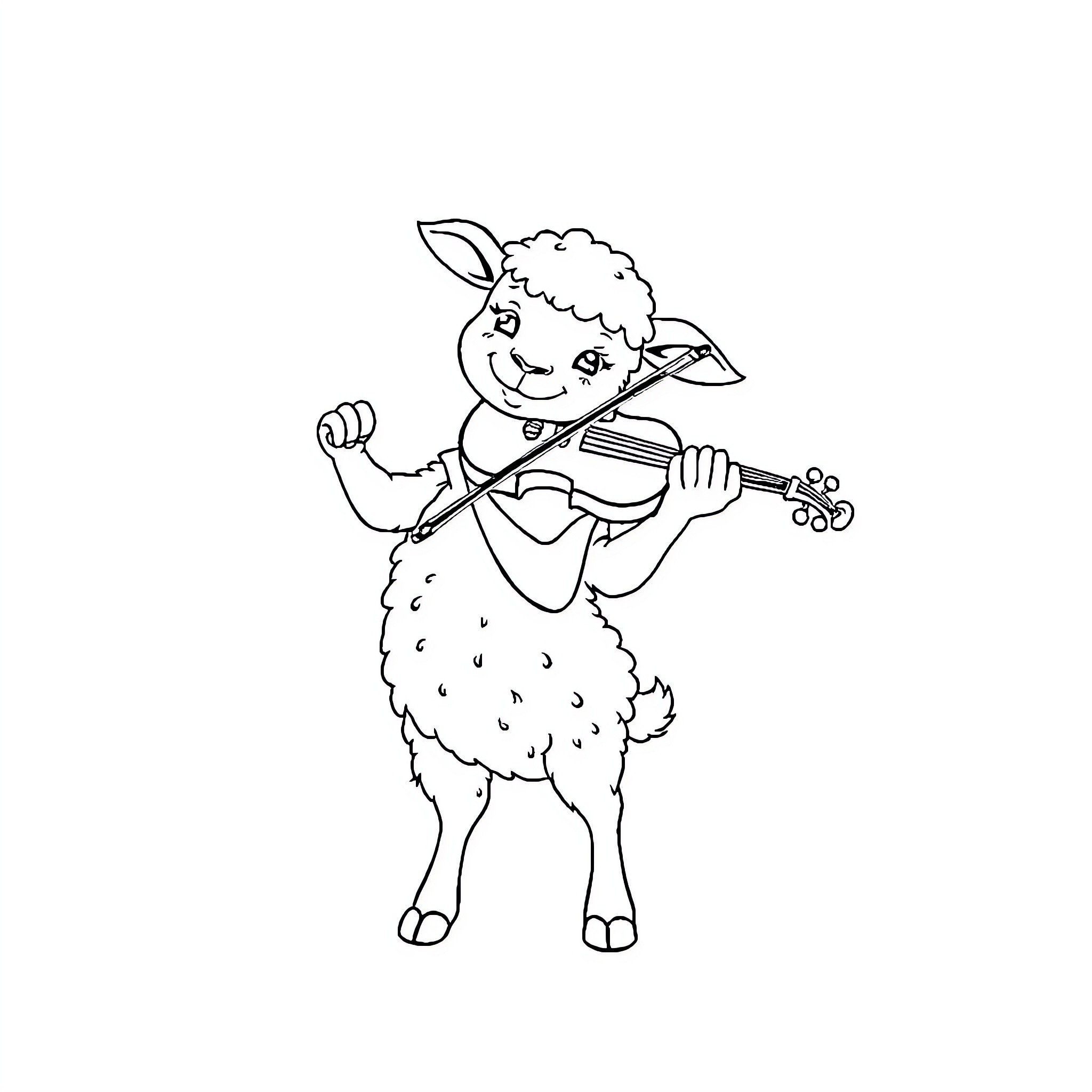 Sheep playing a violin happily Coloring Page (free black-and-white line drawing printable PDF for all, from beginners to advanced learners, including children, teens, adults, and seniors)