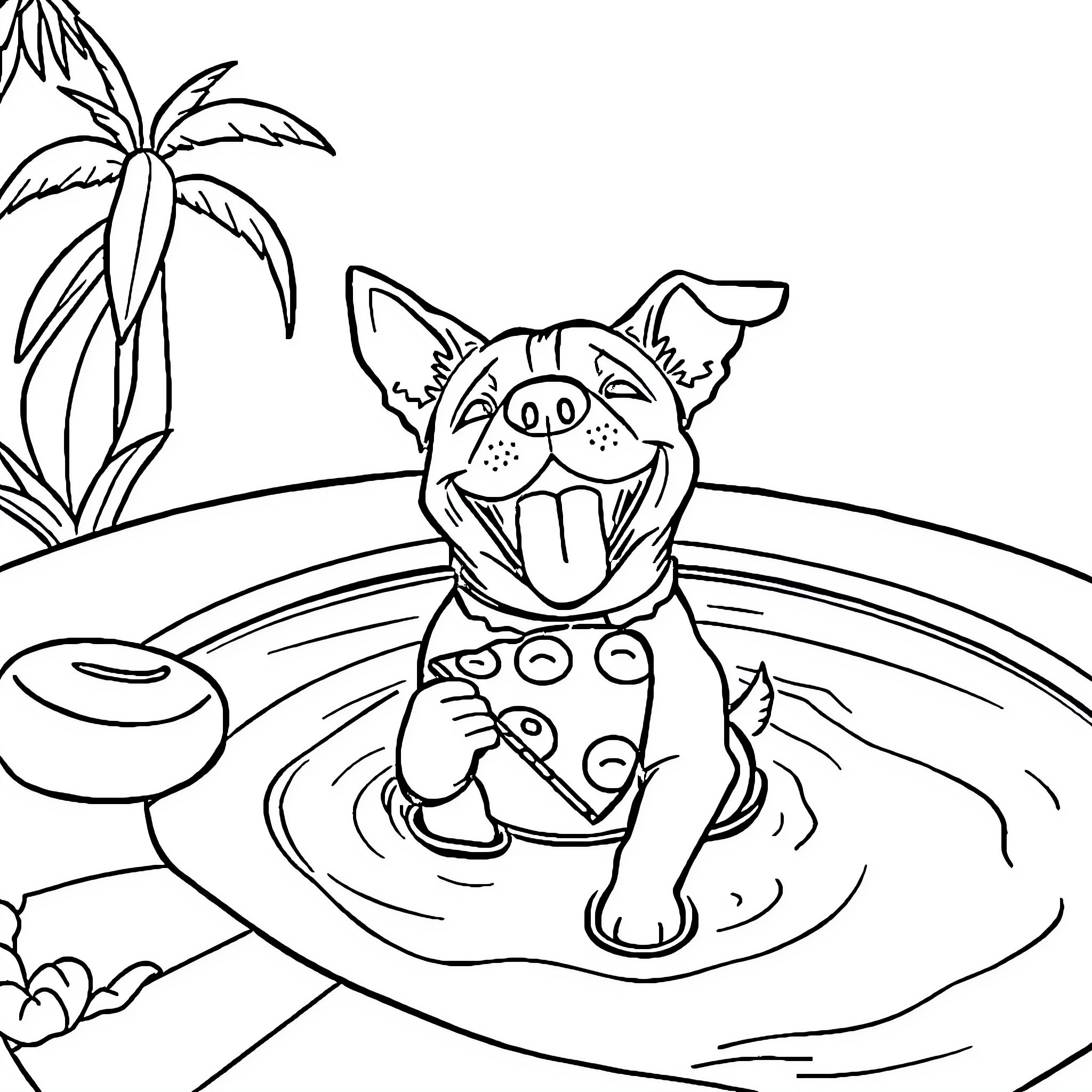 Dog splashing happily in a pool Coloring Page (free black-and-white line drawing printable PDF for all, from beginners to advanced learners, including children, teens, adults, and seniors)