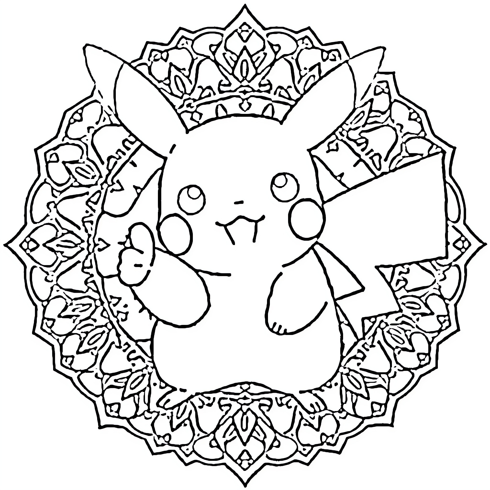 Pikachu wearing a decorative crown Coloring Page (free black-and-white line drawing printable PDF for all, from beginners to advanced learners, including children, teens, adults, and seniors)