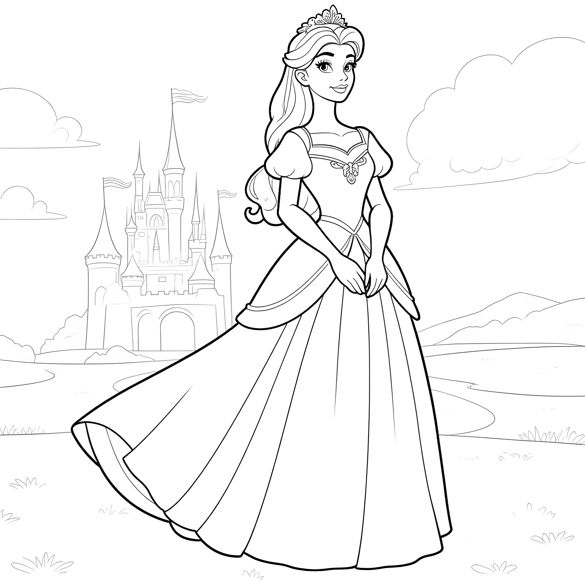 Princess in a Regal Gown Admiring the Castle Coloring Page (free black-and-white line drawing printable PDF for all, from beginners to advanced learners, including children, teens, adults, and seniors)