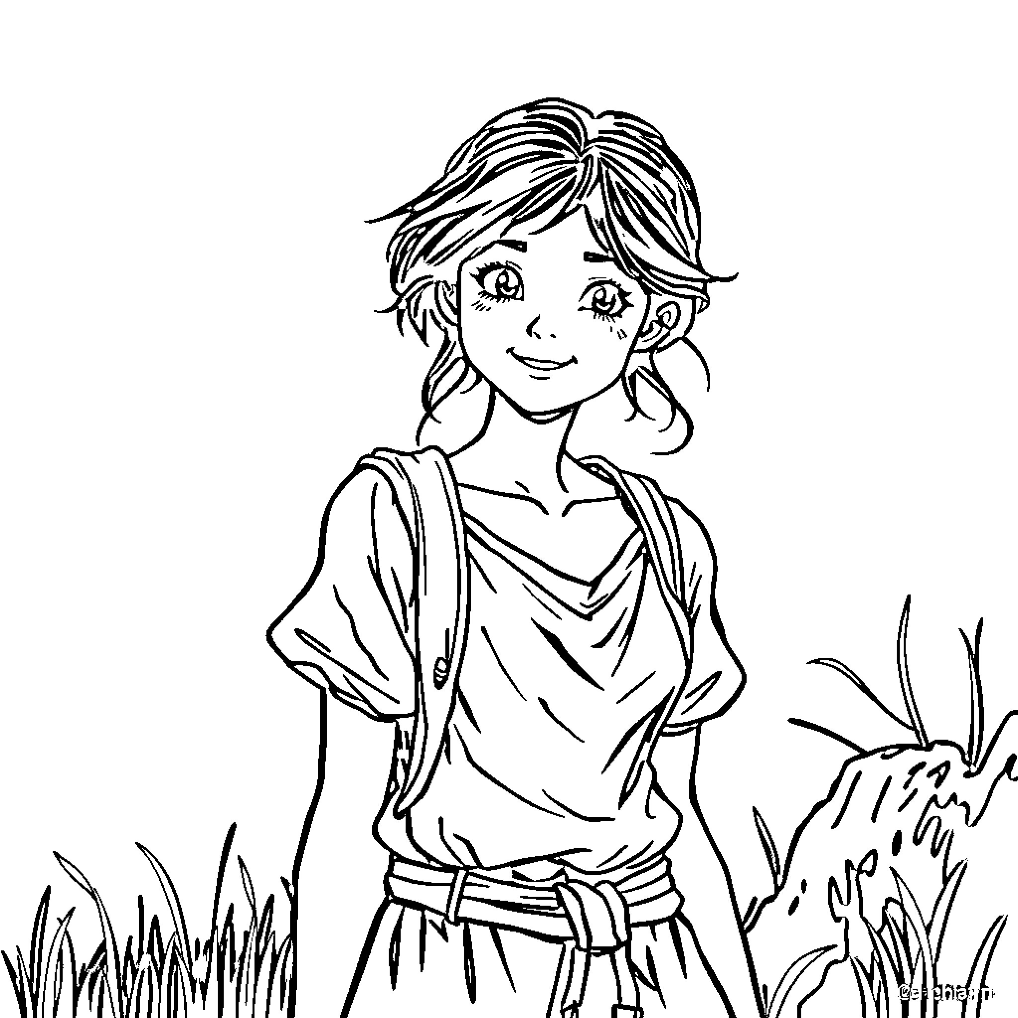 Cinderella in the meadow with a cheerful expression Coloring Page (free black-and-white line drawing printable PDF for all, from beginners to advanced learners, including children, teens, adults, and seniors)