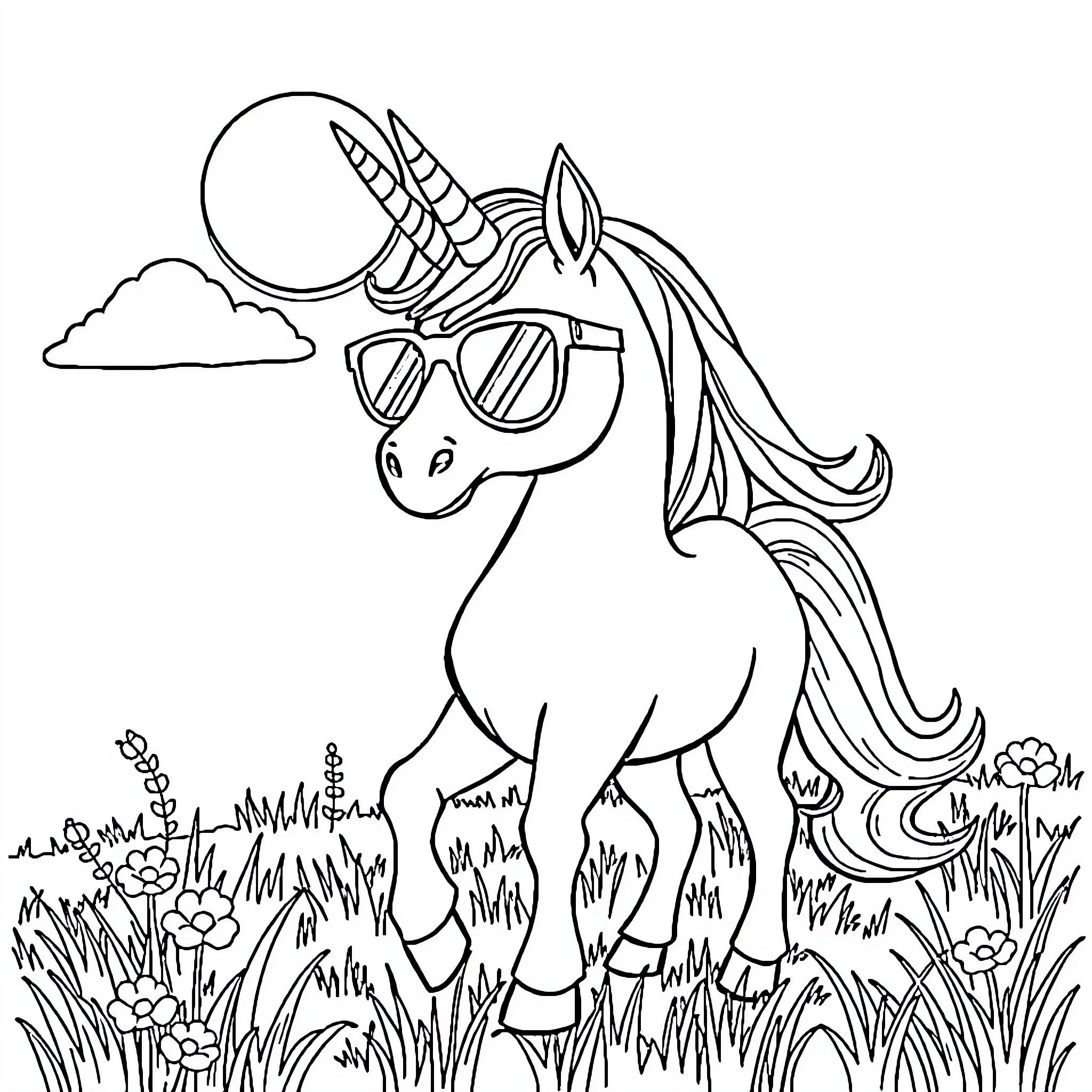 Unicorn enjoying nature in sunglasses Coloring Page (free black-and-white line drawing printable PDF for all, from beginners to advanced learners, including children, teens, adults, and seniors)