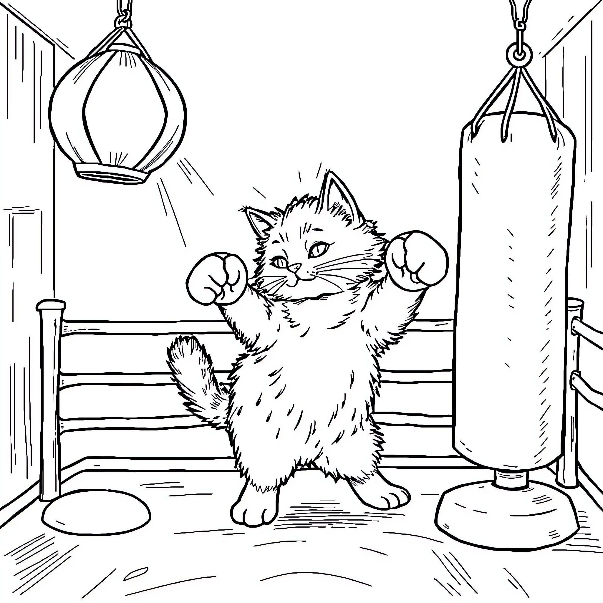 Cat engaging in boxing training in a gym Coloring Page (free black-and-white line drawing printable PDF for all, from beginners to advanced learners, including children, teens, adults, and seniors)