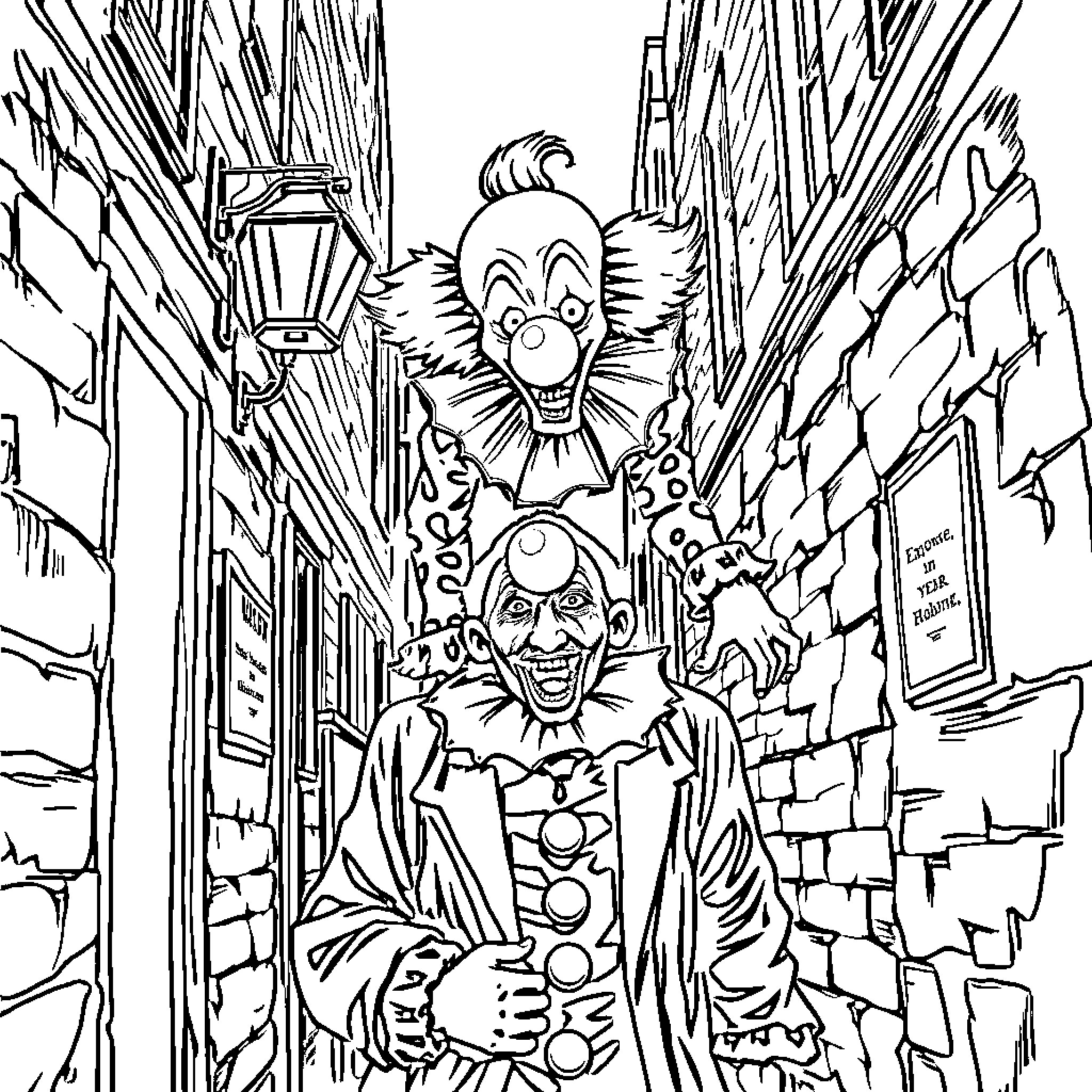 Clown Antics in an Eerie Alleyway Coloring Page (free black-and-white line drawing printable PDF for all, from beginners to advanced learners, including children, teens, adults, and seniors)