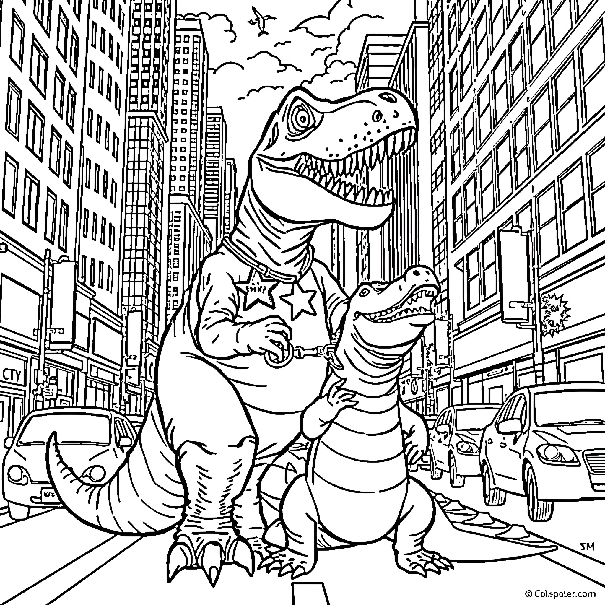T-Rex Dinosaurs Roaming the City Streets Coloring Page (free black-and-white line drawing printable PDF for all, from beginners to advanced learners, including children, teens, adults, and seniors)