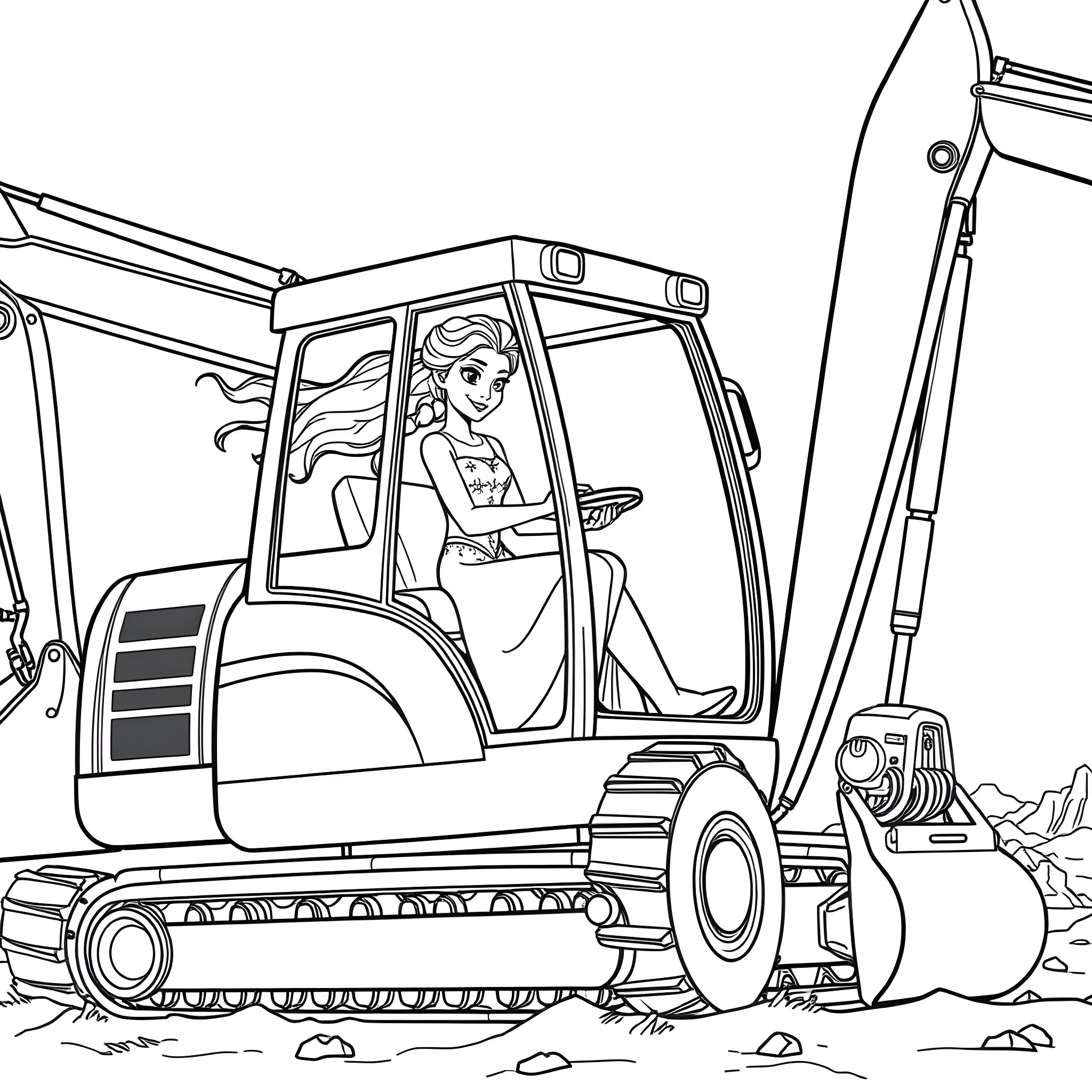 Elsa operating a construction excavator machine Coloring Page (free black-and-white line drawing printable PDF for all, from beginners to advanced learners, including children, teens, adults, and seniors)
