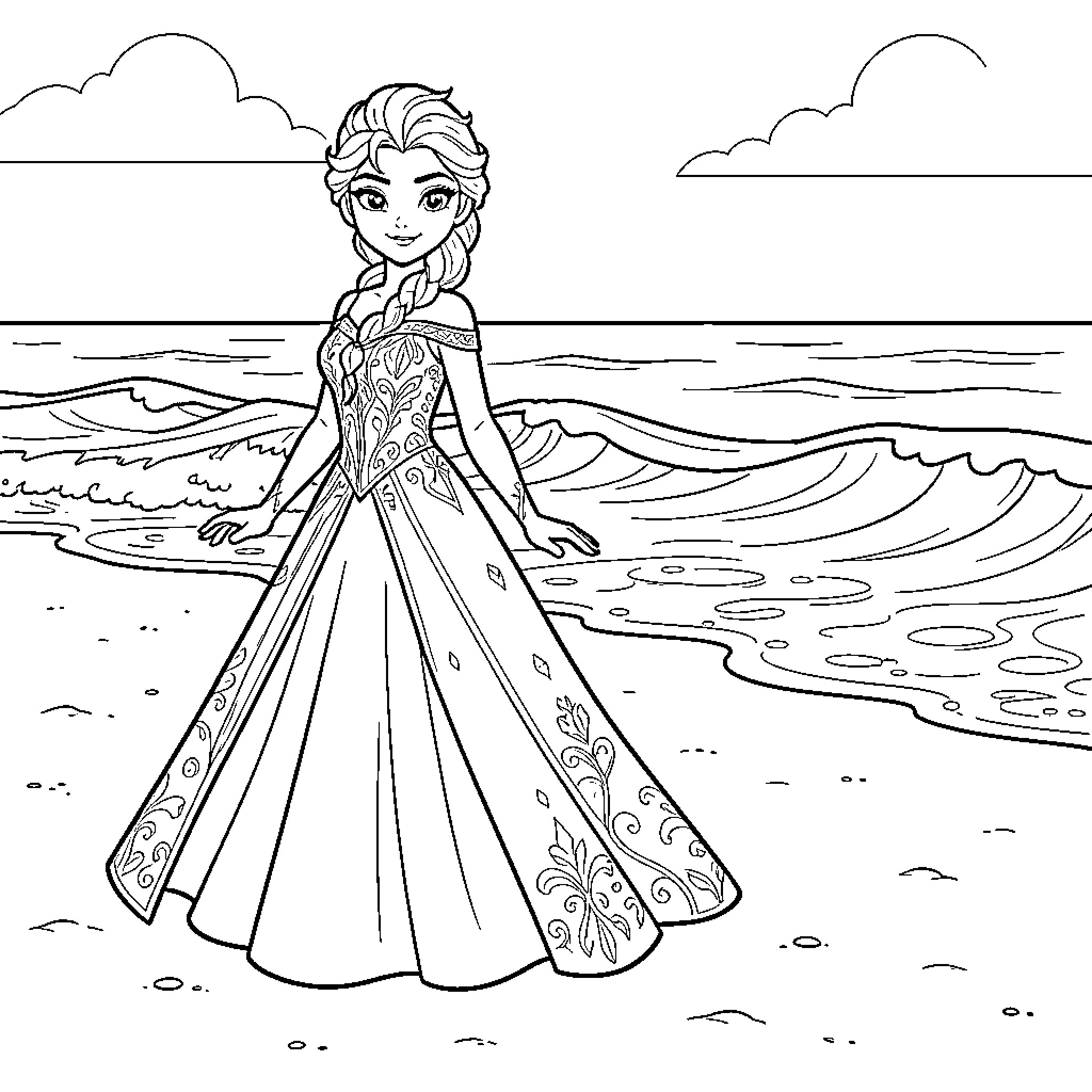 Elsa standing gracefully on a beach by the waves Coloring Page (free black-and-white line drawing printable PDF for all, from beginners to advanced learners, including children, teens, adults, and seniors)