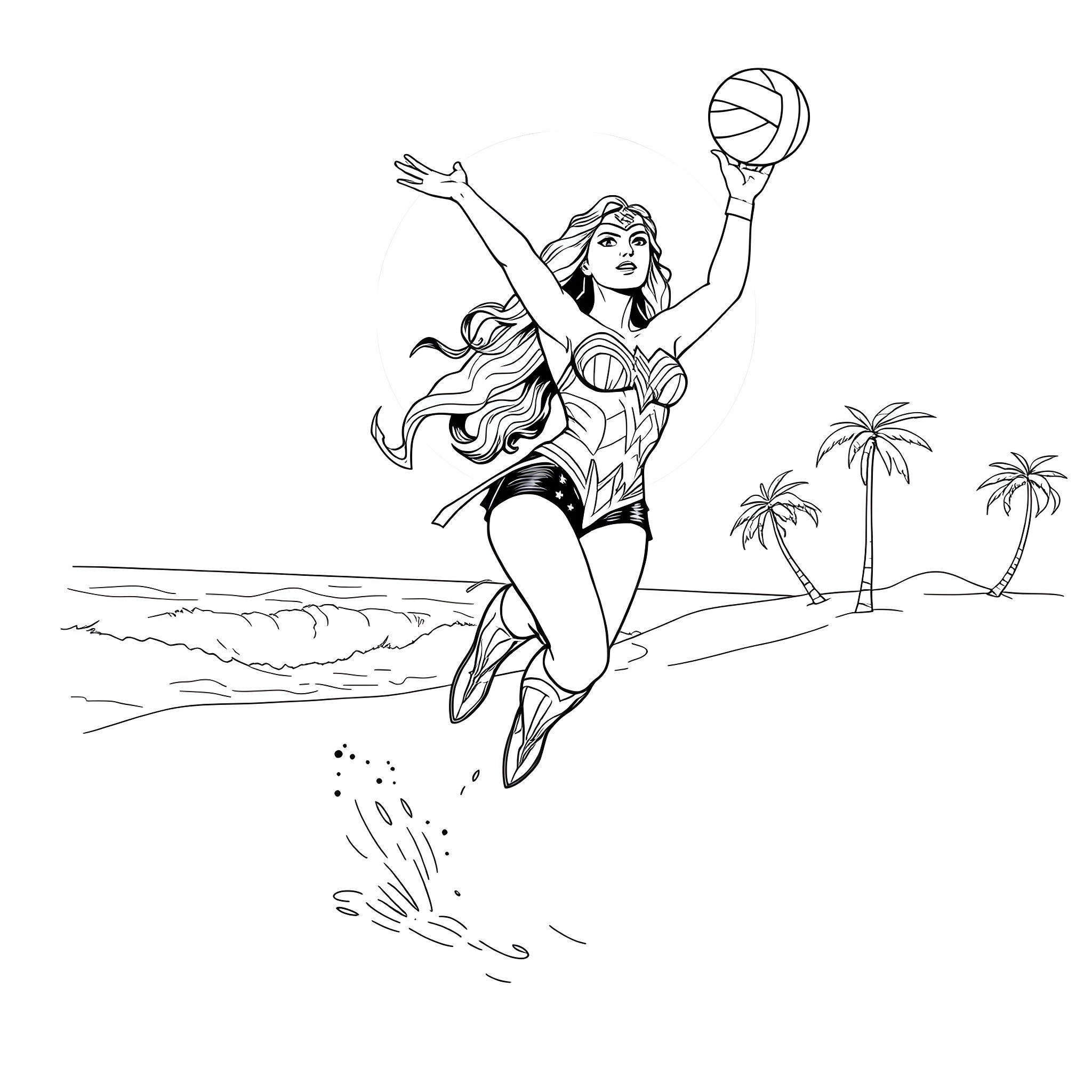 Wonder Woman playing basketball on the beach Coloring Page (free black-and-white line drawing printable PDF for all, from beginners to advanced learners, including children, teens, adults, and seniors)