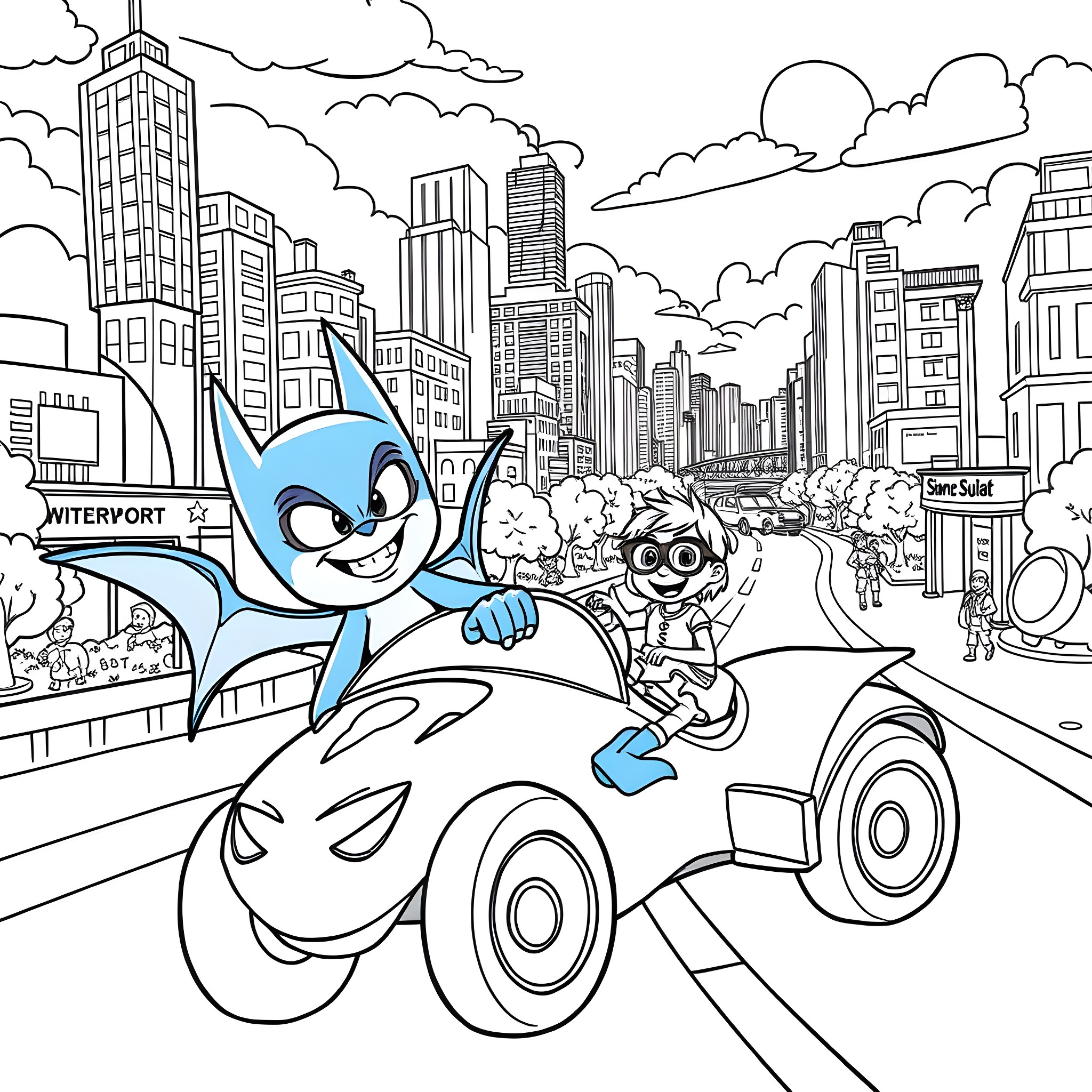 Bluey's Exciting City Adventure Coloring Page (free black-and-white line drawing printable PDF for all, from beginners to advanced learners, including children, teens, adults, and seniors)