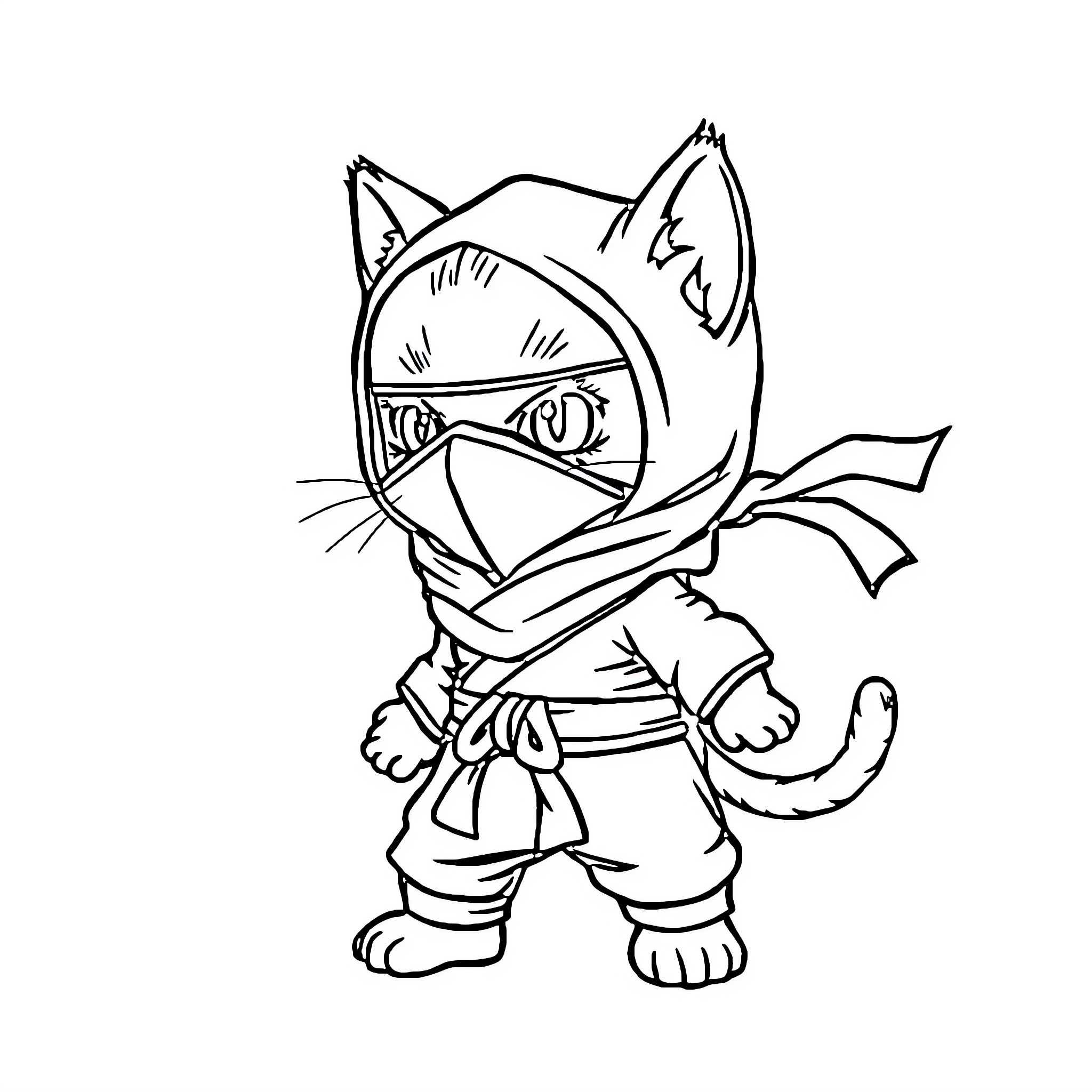 Ninja cat with weapons ready for action Coloring Page (free black-and-white line drawing printable PDF for all, from beginners to advanced learners, including children, teens, adults, and seniors)