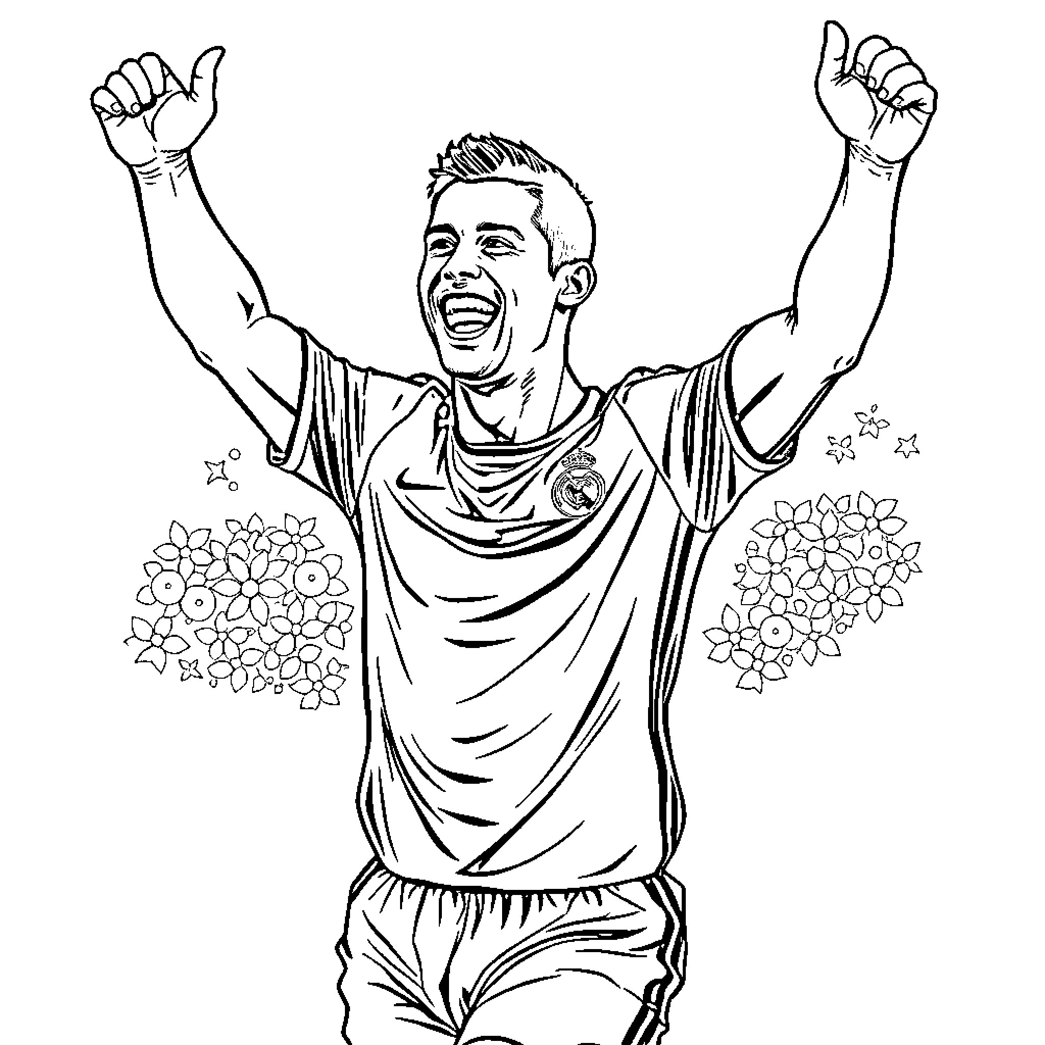 Cristiano Ronaldo celebrating victory with raised arms Coloring Page (free black-and-white line drawing printable PDF for all, from beginners to advanced learners, including children, teens, adults, and seniors)