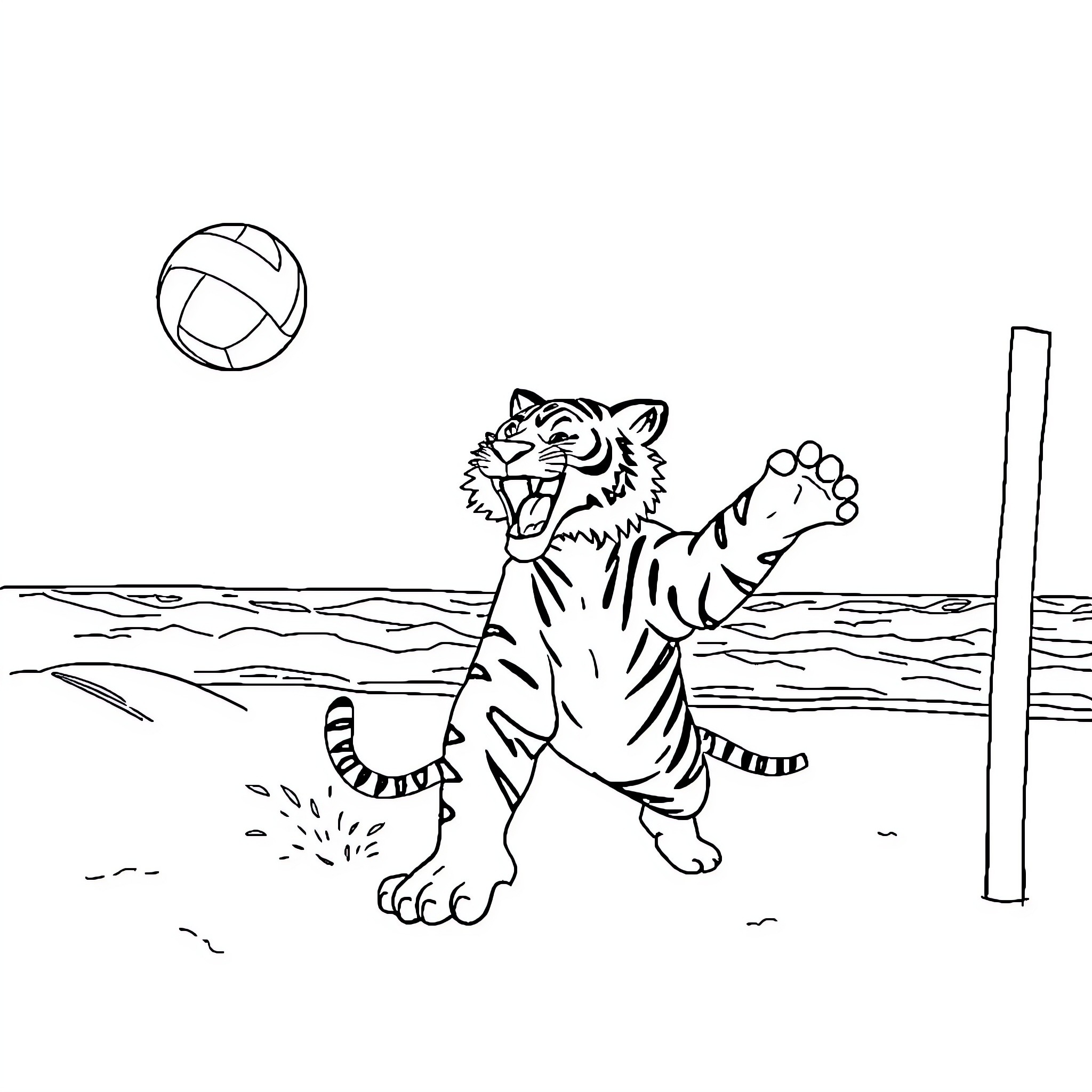Tiger playing with ball in the wild Coloring Page (free black-and-white line drawing printable PDF for all, from beginners to advanced learners, including children, teens, adults, and seniors)