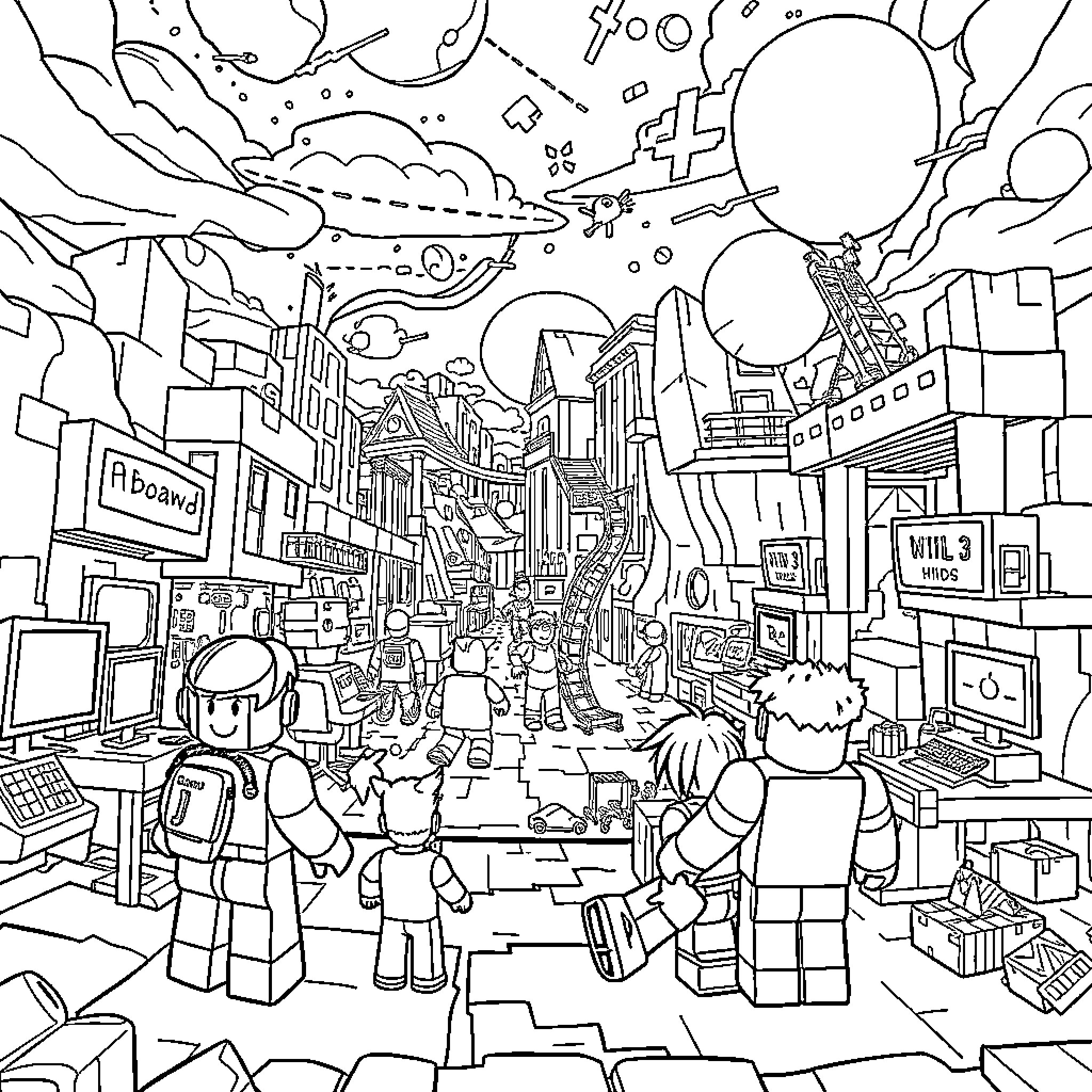 Roblox Animated Scene with Various Characters and Environments Coloring Page (free black-and-white line drawing printable PDF for all, from beginners to advanced learners, including children, teens, adults, and seniors)
